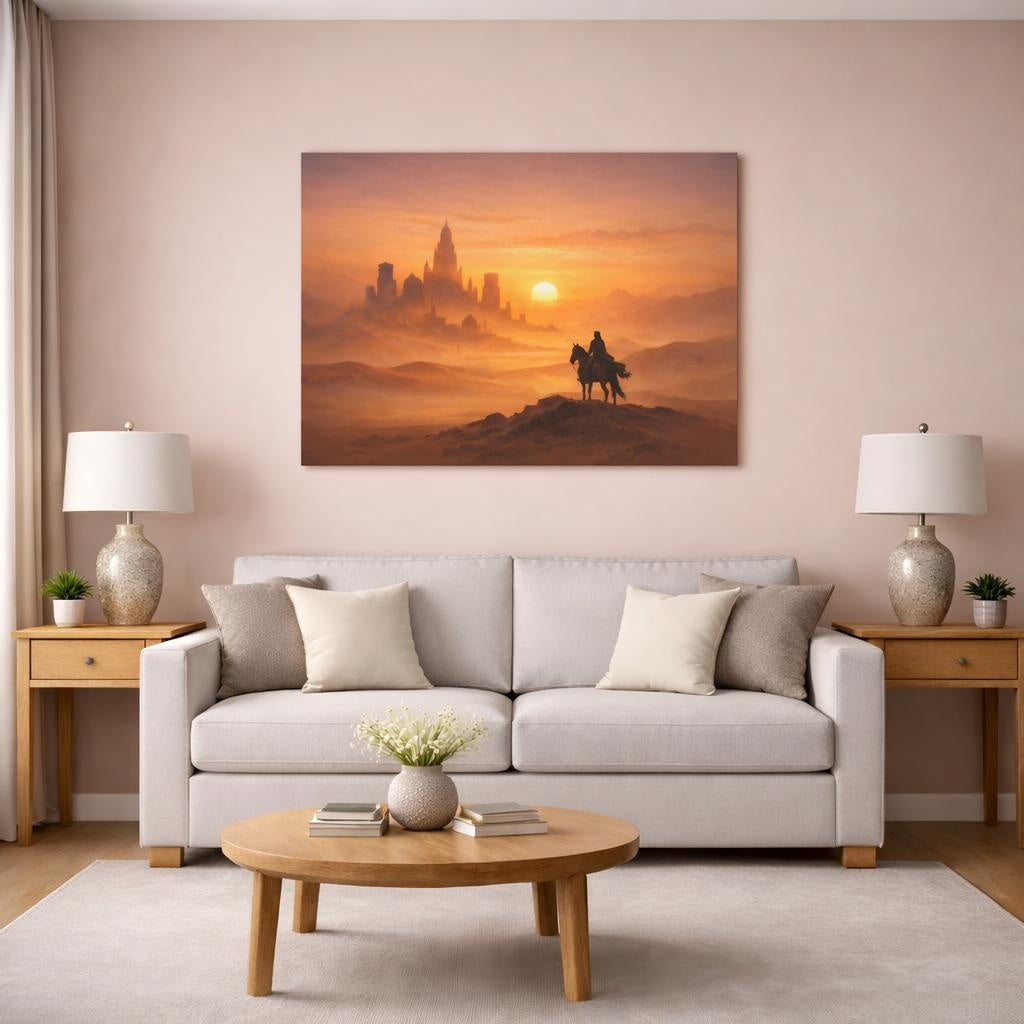 Mist Depth Desert Sunset shown as canvas wall art in a modern living room