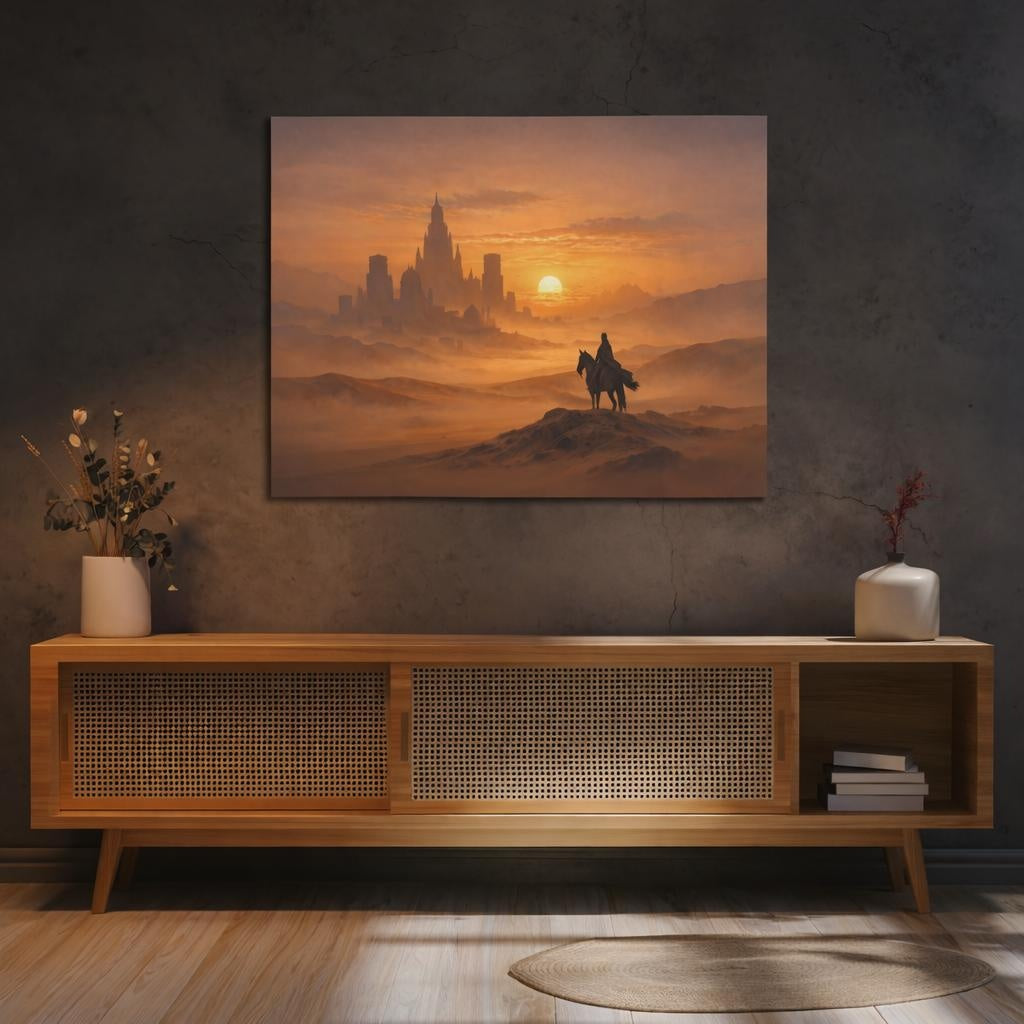 Mist Depth Desert Sunset shown as canvas wall art in a refined dining room