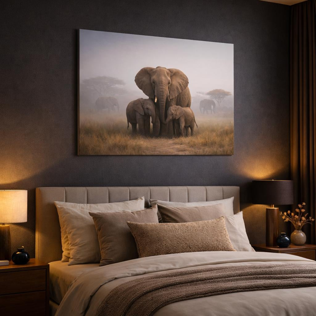 Mist Depth Elephant Family shown as canvas wall art in a luxury bedroom
