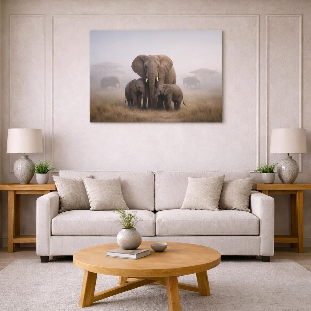 Mist Depth Elephant Family shown as canvas wall art in a modern living room