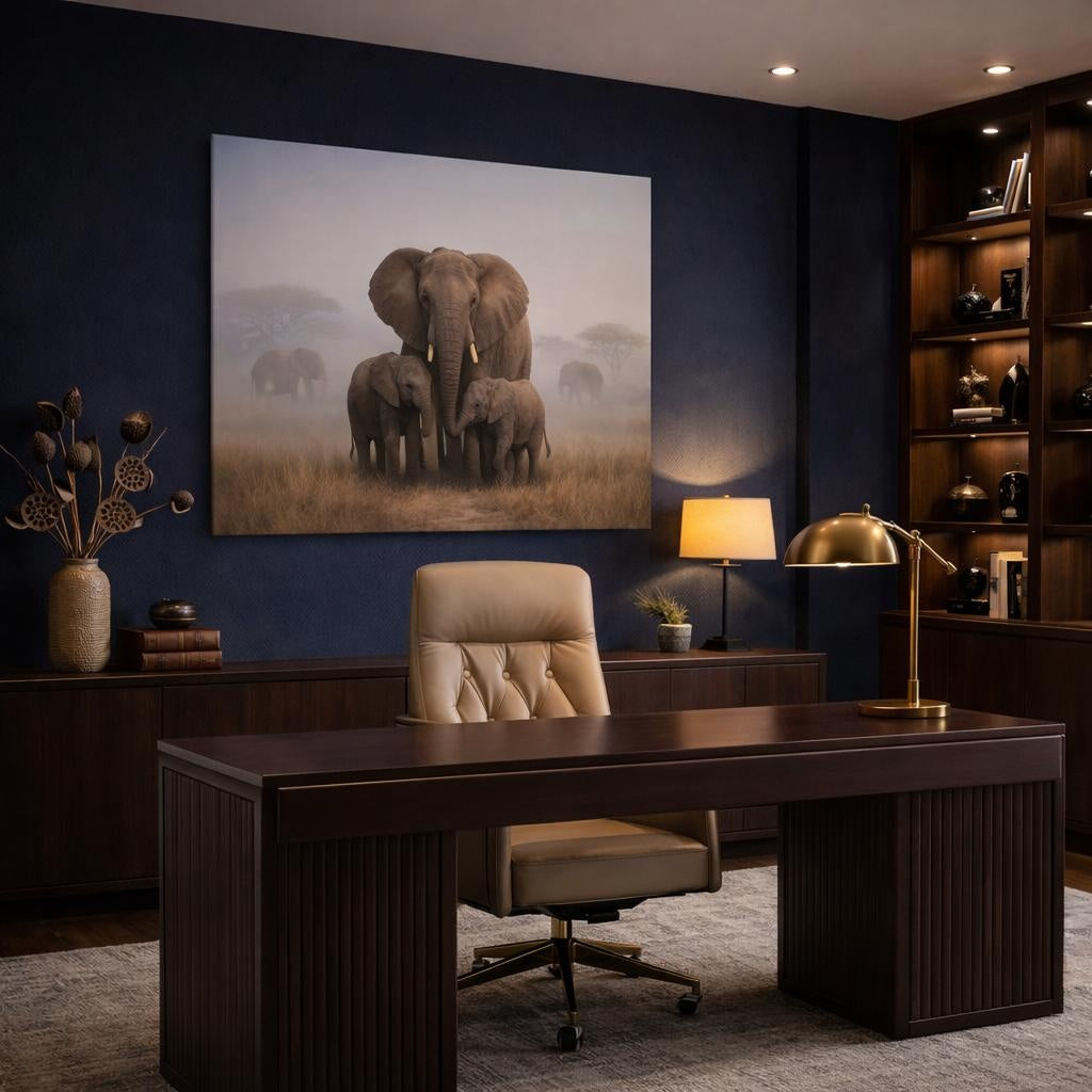 Mist Depth Elephant Family shown as canvas wall art in a refined dining room