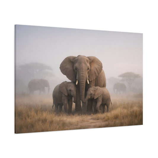 Mist Depth Elephant Family shown as stretched canvas wall art