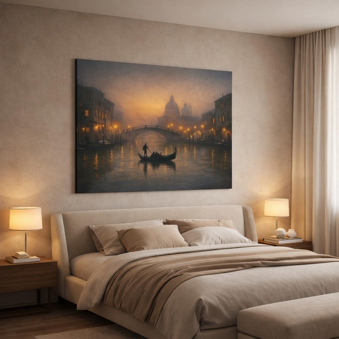 Mist Depth Evening Canal shown as canvas wall art in a luxury bedroom