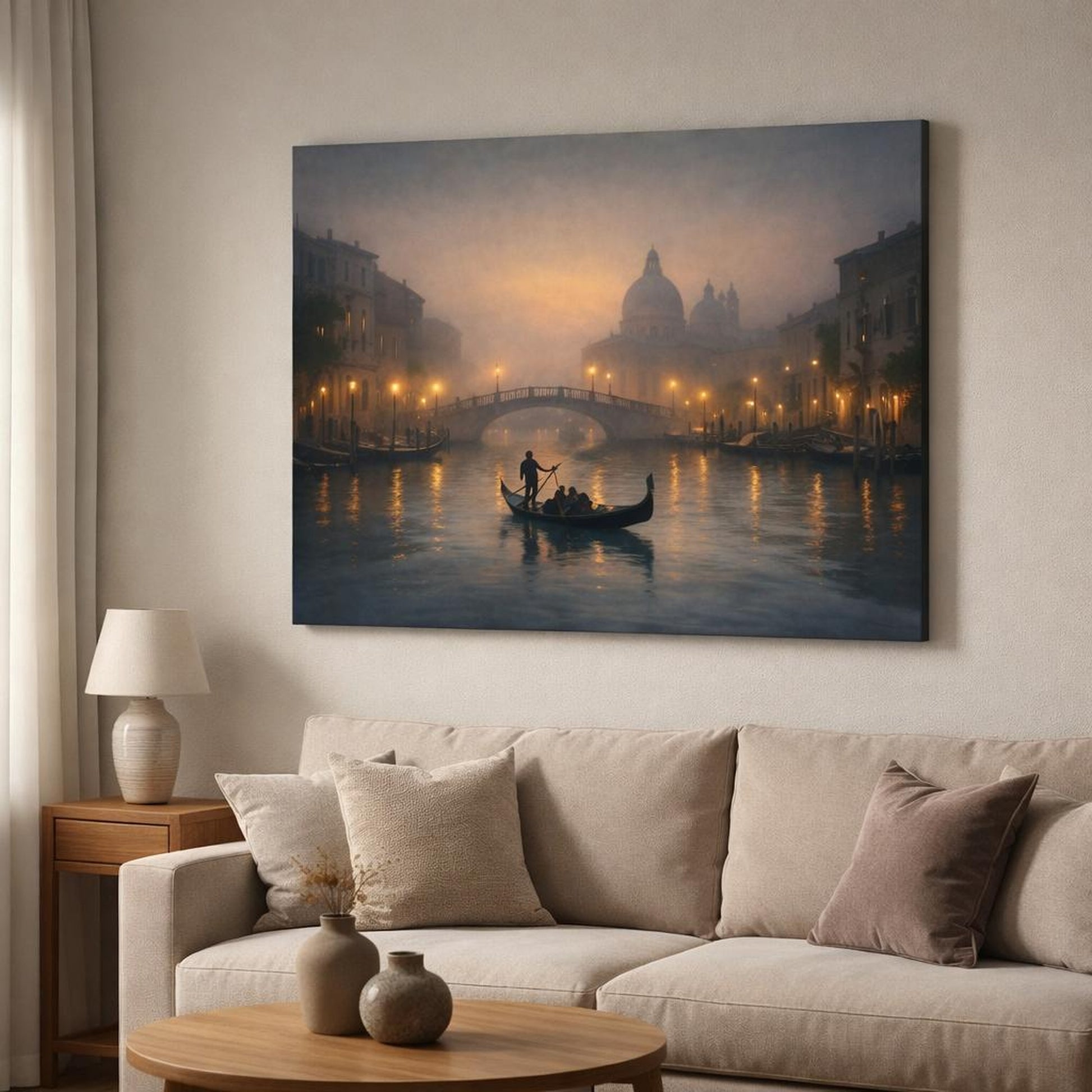 Mist Depth Evening Canal shown as canvas wall art in a modern living room
