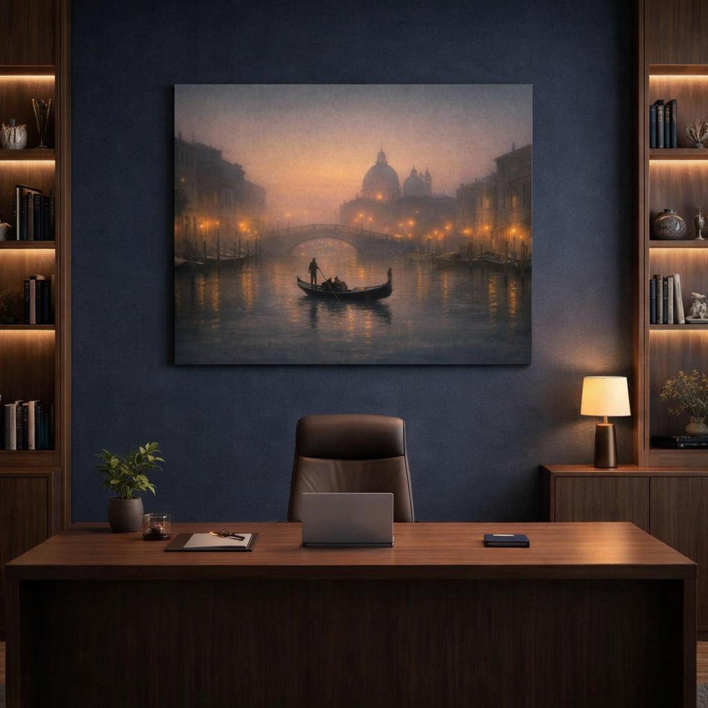Mist Depth Evening Canal shown as canvas wall art in a refined dining room