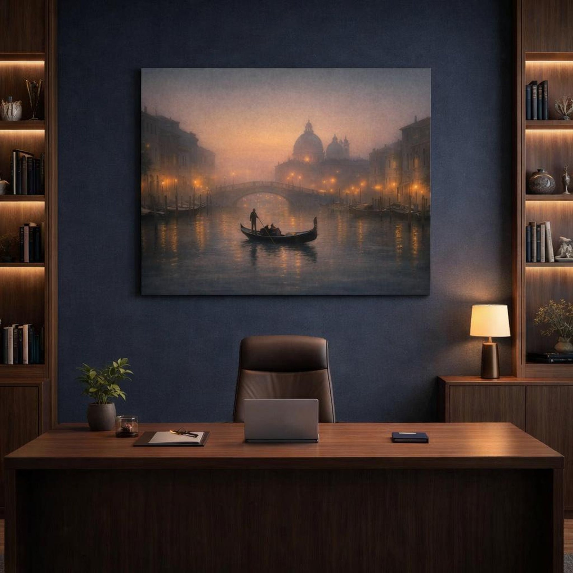 Mist Depth Evening Canal shown as canvas wall art in a refined dining room