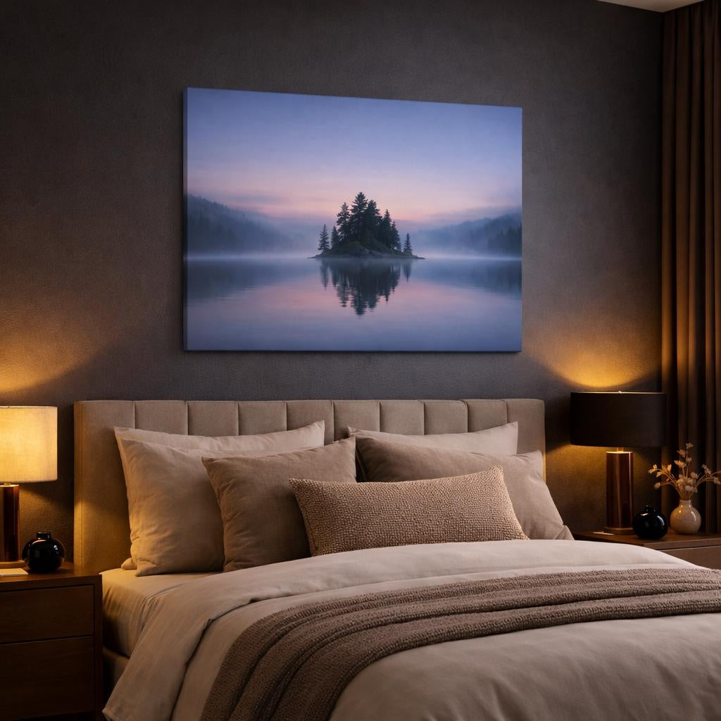 Mist Depth Evening Lake shown as canvas wall art in a luxury bedroom