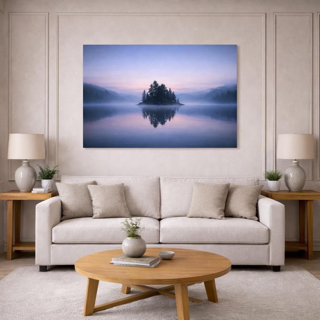 Mist Depth Evening Lake shown as canvas wall art in a modern living room