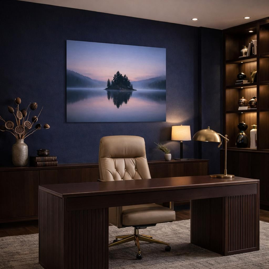 Mist Depth Evening Lake shown as canvas wall art in a refined dining room