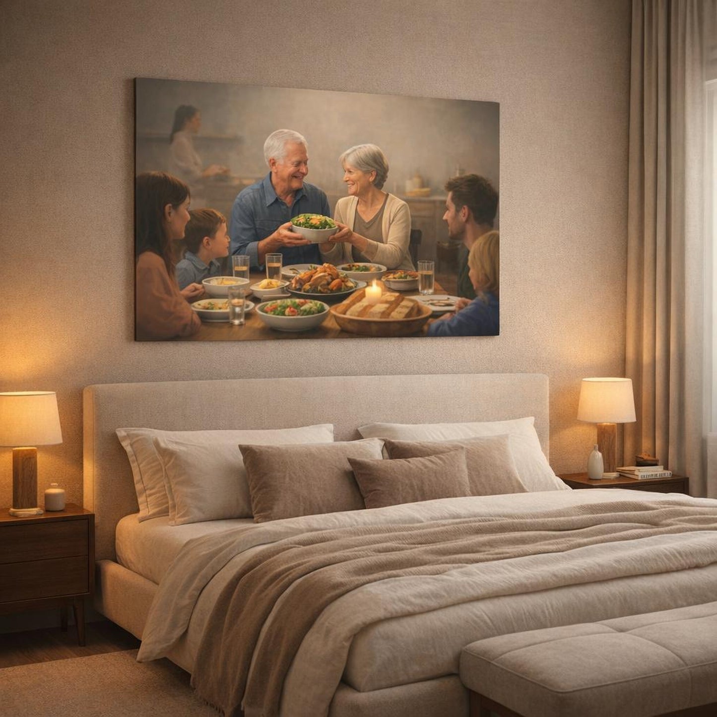 Mist Depth Family Meals shown as canvas wall art in a luxury bedroom