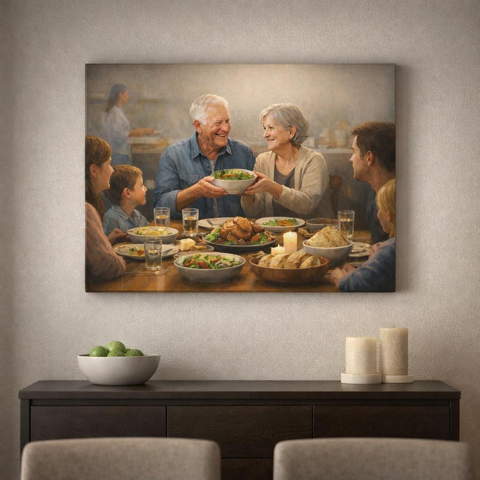 Mist Depth Family Meals shown as canvas wall art in a refined dining room