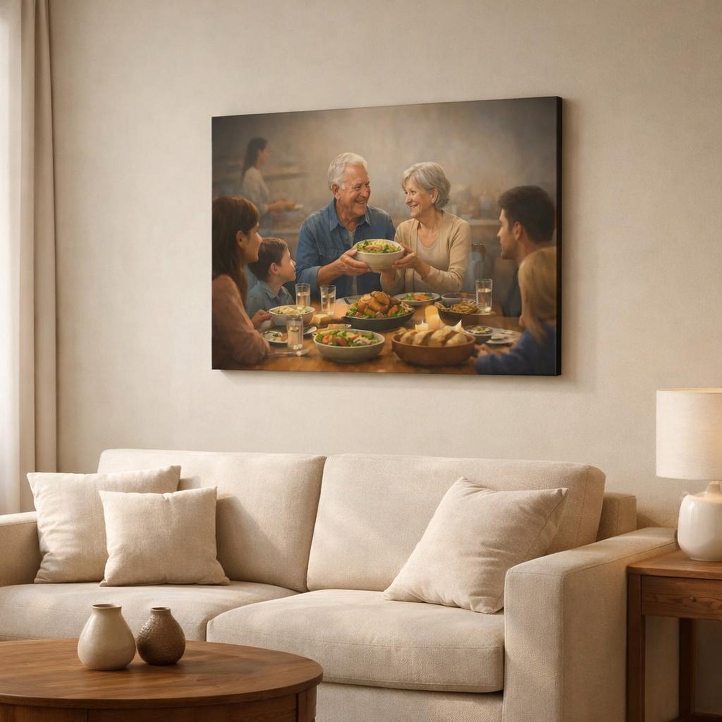 Mist Depth Family Meals shown as canvas wall art in a modern living room