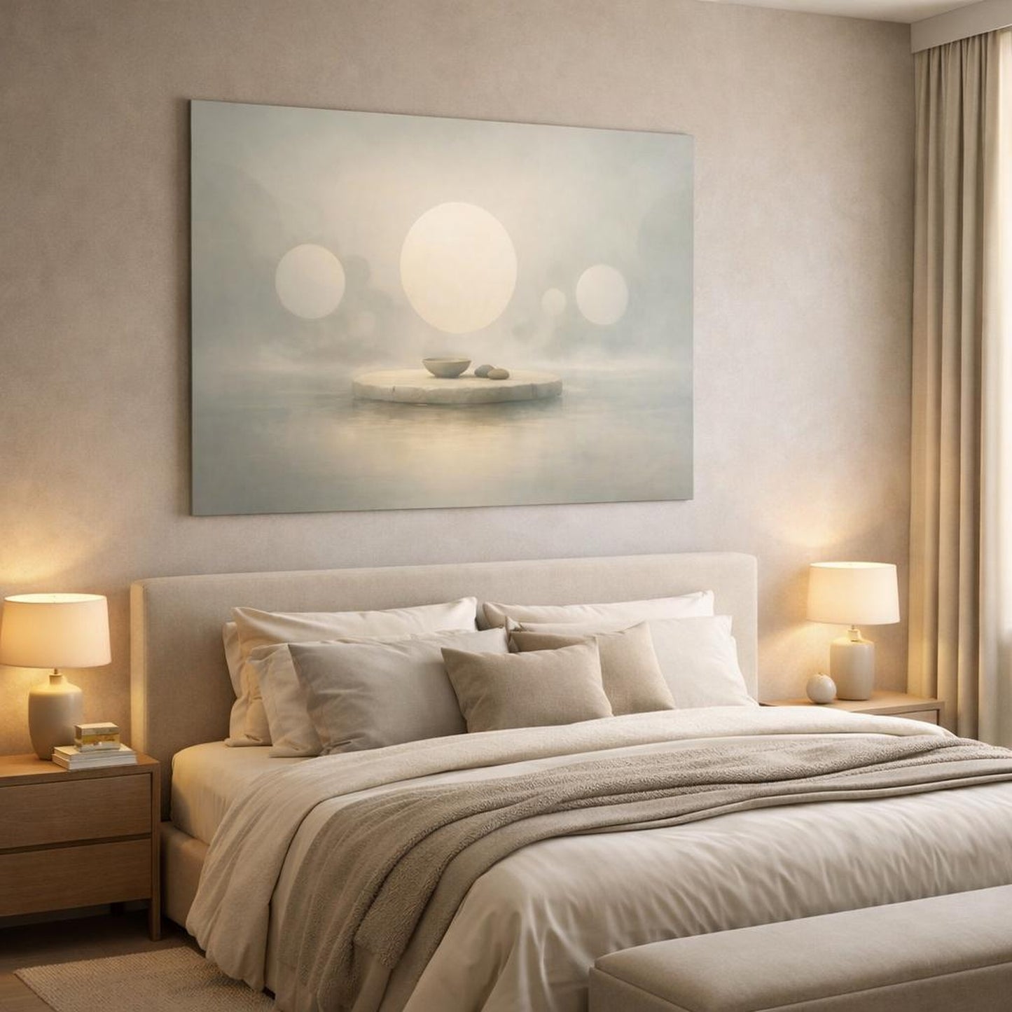 Mist Depth Floating Circles shown as canvas wall art in a luxury bedroom