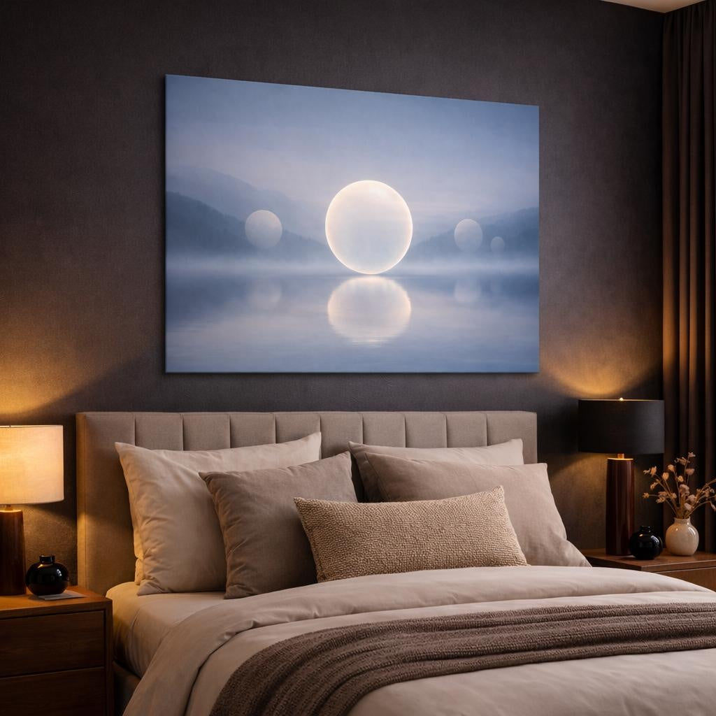 Mist Depth Floating Circles shown as canvas wall art in a luxury bedroom