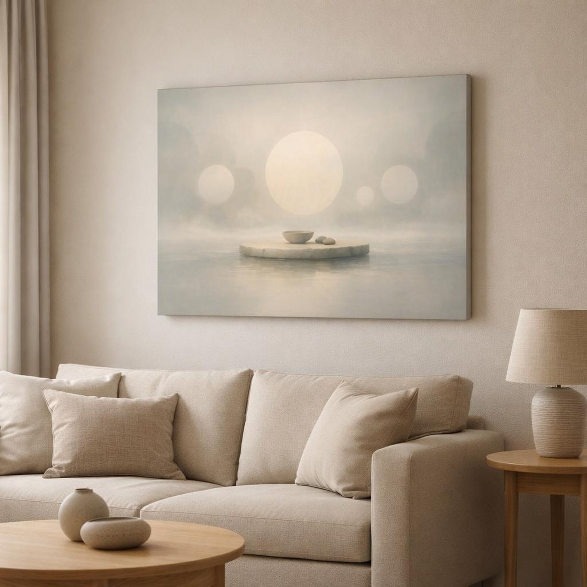 Mist Depth Floating Circles shown as canvas wall art in a modern living room