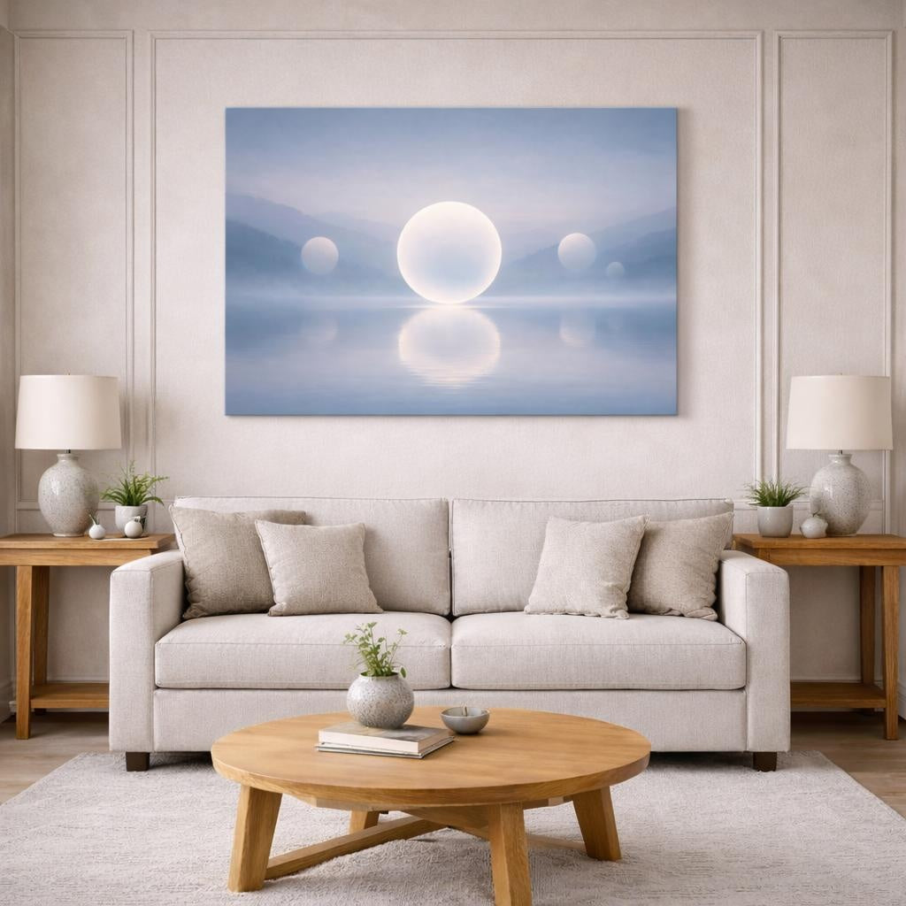 Mist Depth Floating Circles shown as canvas wall art in a modern living room