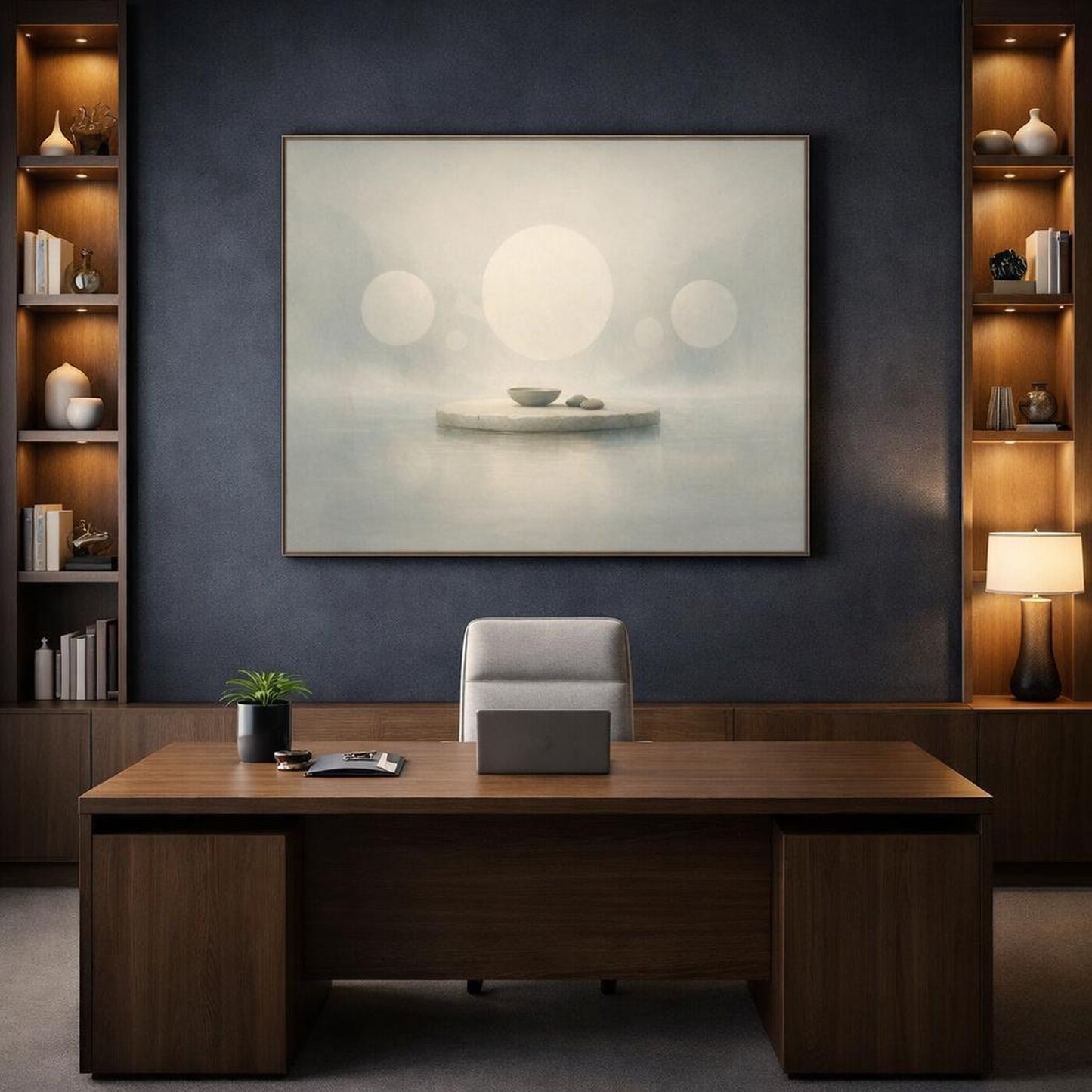Mist Depth Floating Circles shown as canvas wall art in a refined dining room