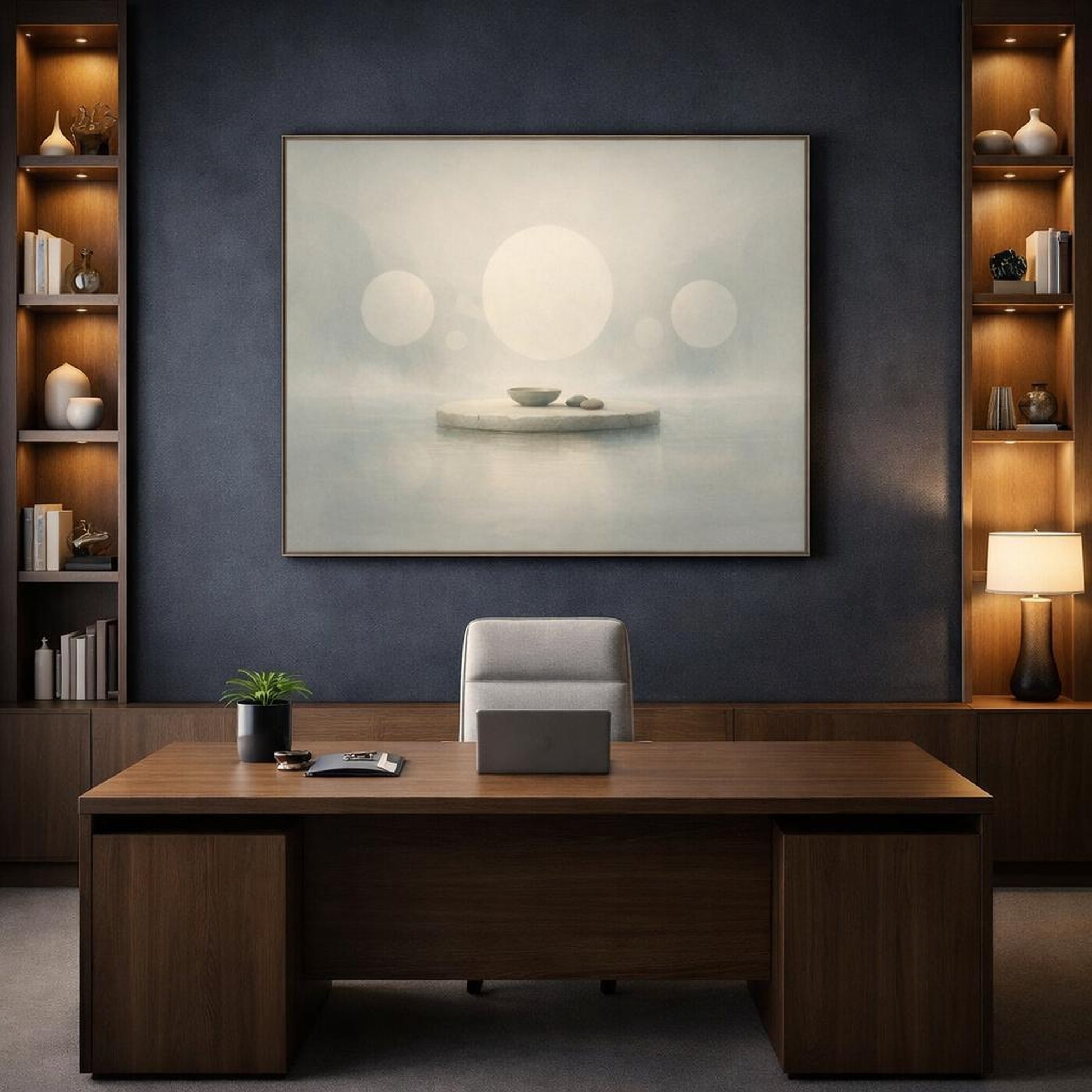 Mist Depth Floating Circles shown as canvas wall art in a refined dining room