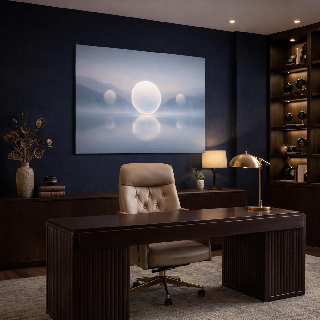 Mist Depth Floating Circles shown as canvas wall art in a refined dining room