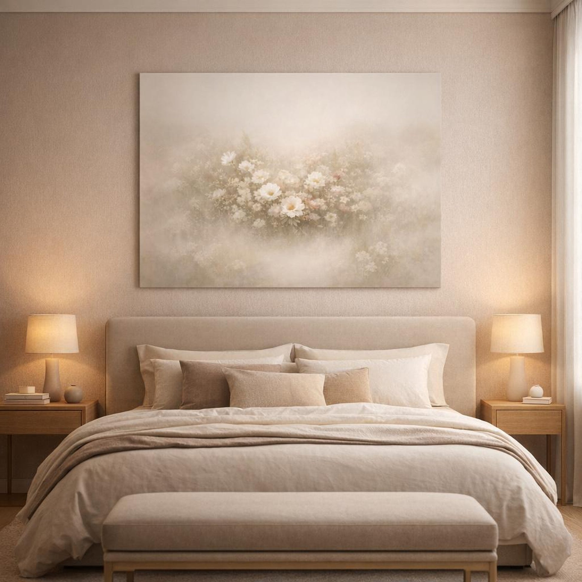 Mist Depth Floral Neutral shown as canvas wall art in a luxury bedroom