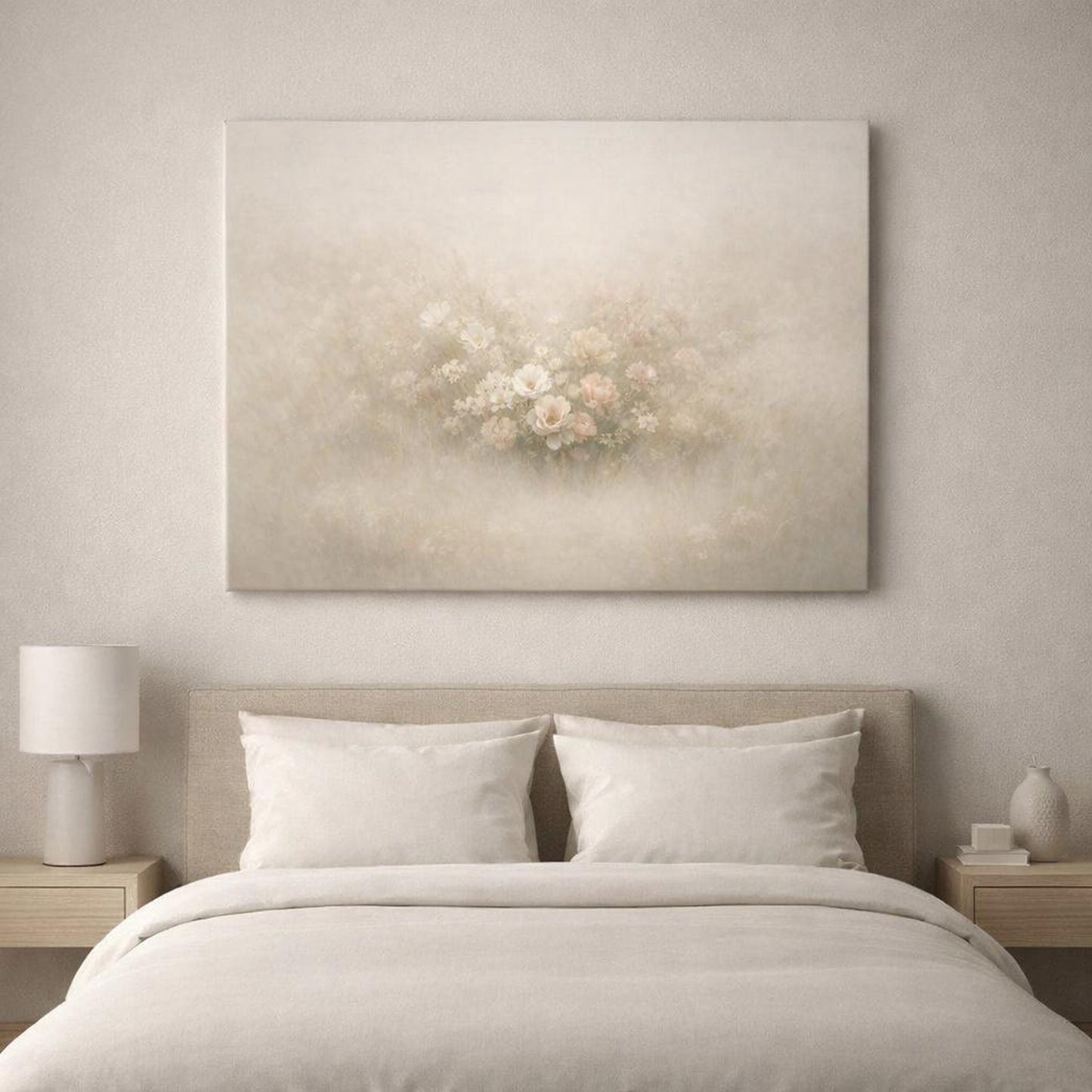 Mist Depth Floral Neutral shown as canvas wall art in a luxury executive office