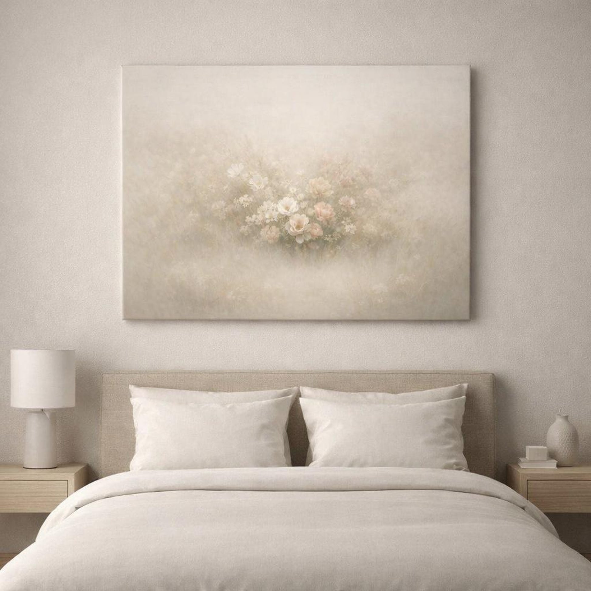 Mist Depth Floral Neutral shown as canvas wall art in a luxury executive office