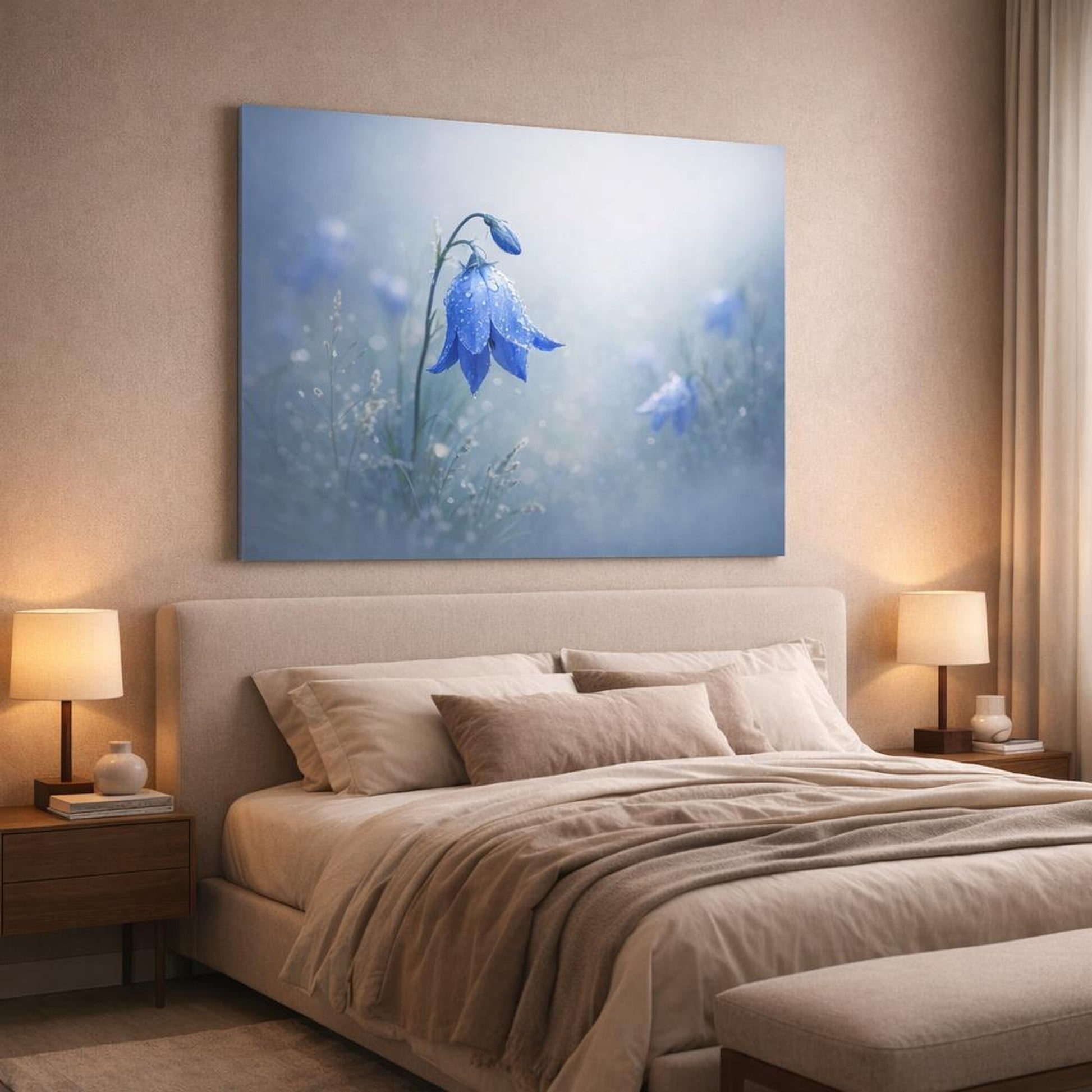 Mist Depth Flower Blue shown as canvas wall art in a luxury bedroom