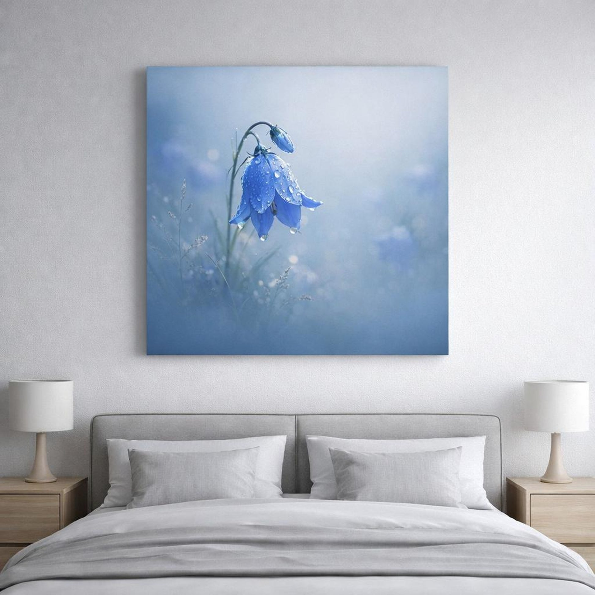 Mist Depth Flower Blue shown as canvas wall art in a refined dining room