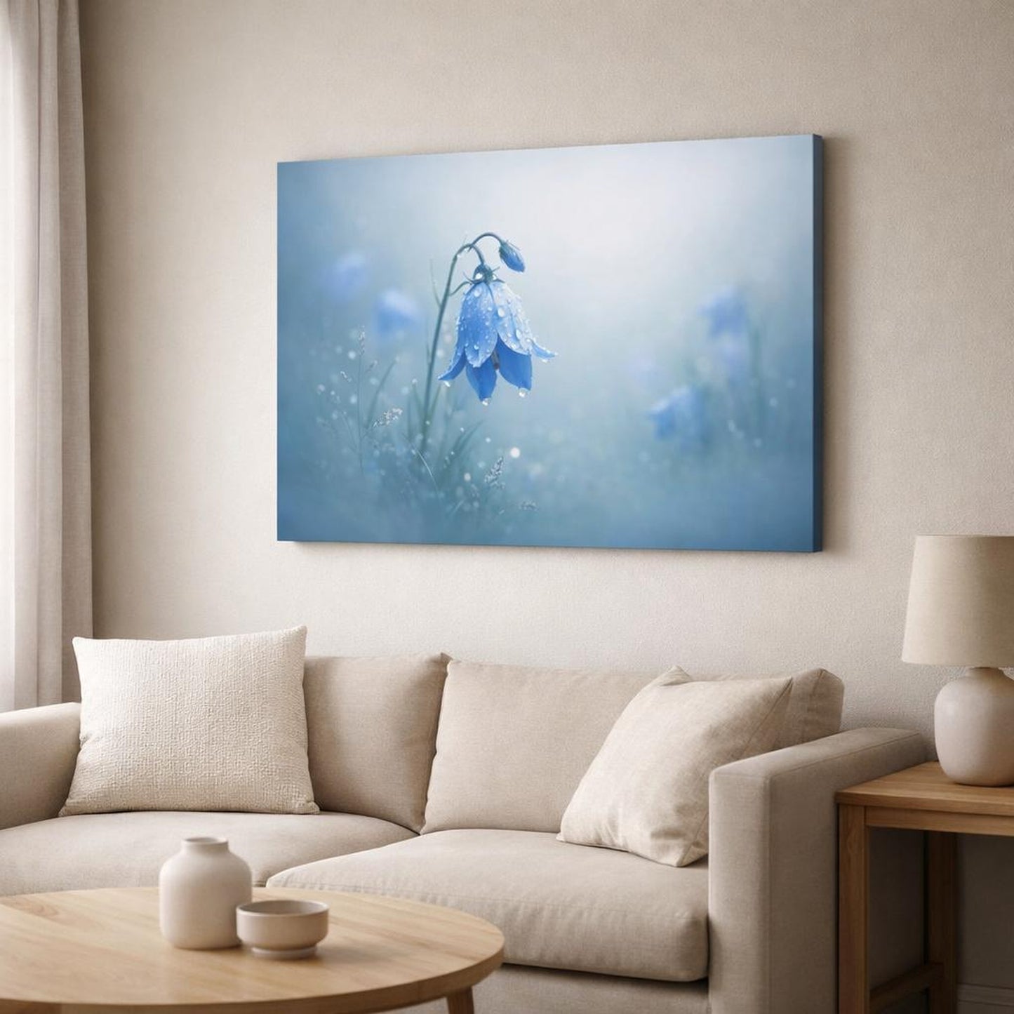 Mist Depth Flower Blue shown as canvas wall art in a modern living room