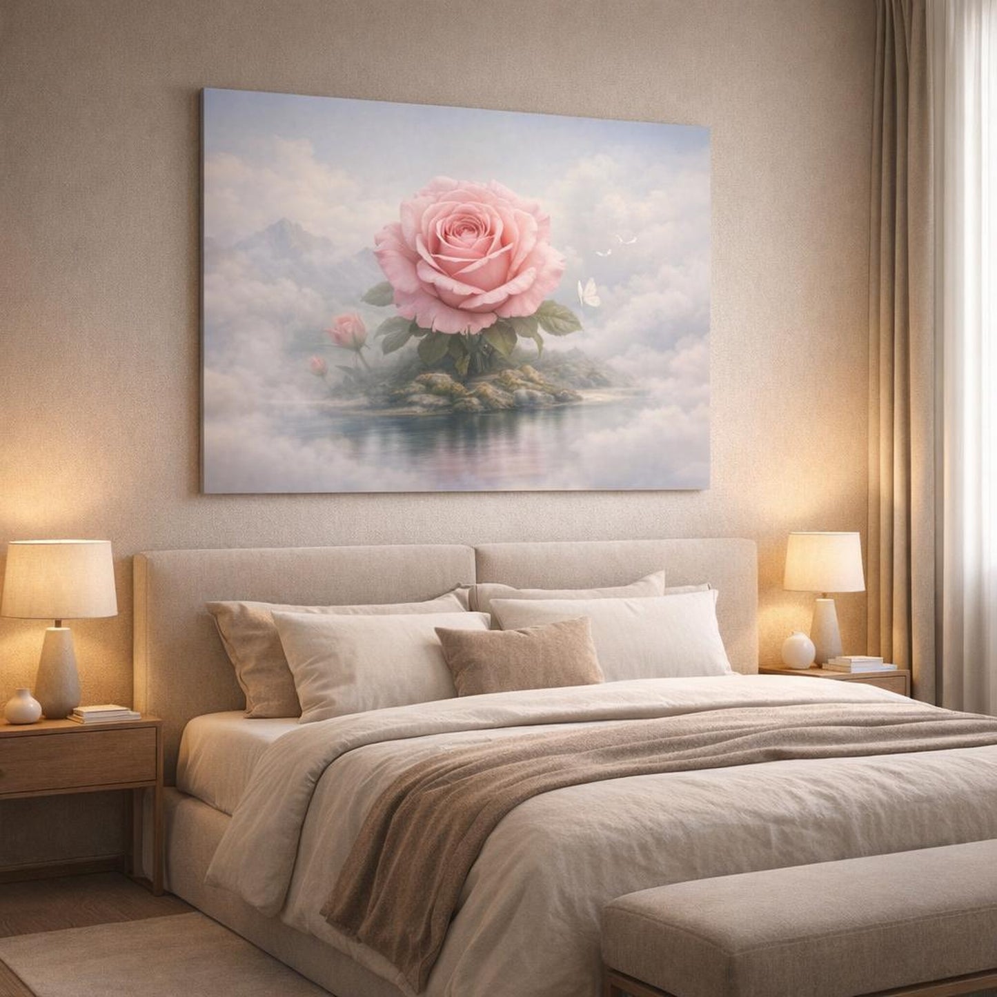 Mist Depth Flower Rose shown as canvas wall art in a luxury bedroom
