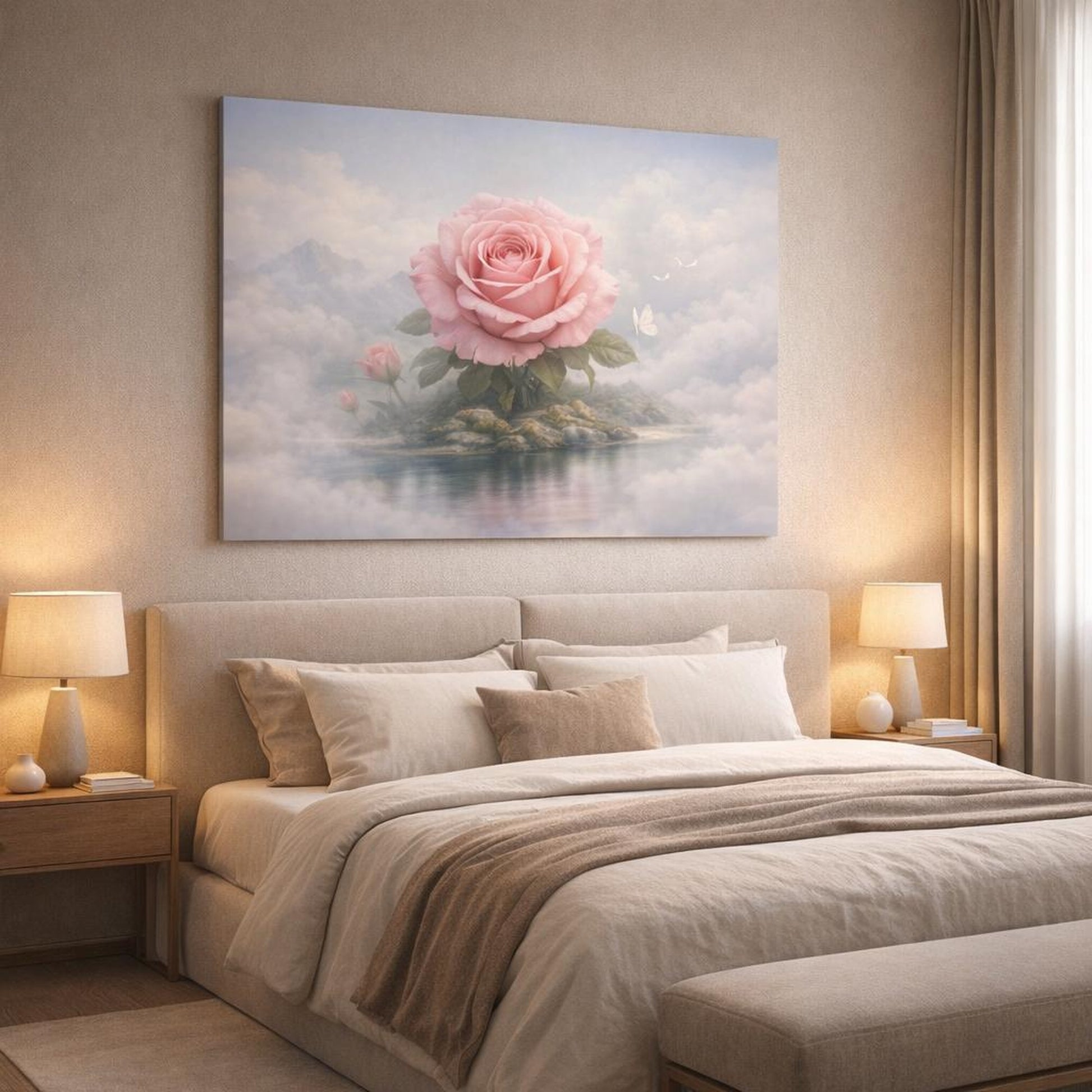 Mist Depth Flower Rose shown as canvas wall art in a luxury bedroom