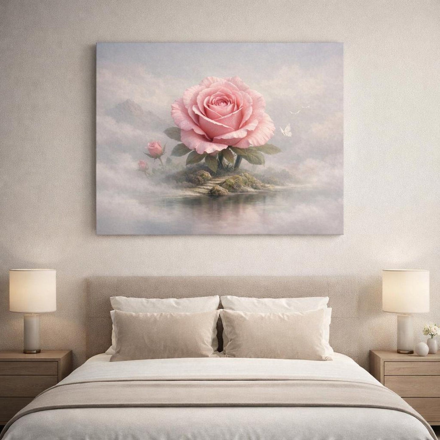 Mist Depth Flower Rose shown as canvas wall art in a refined dining room