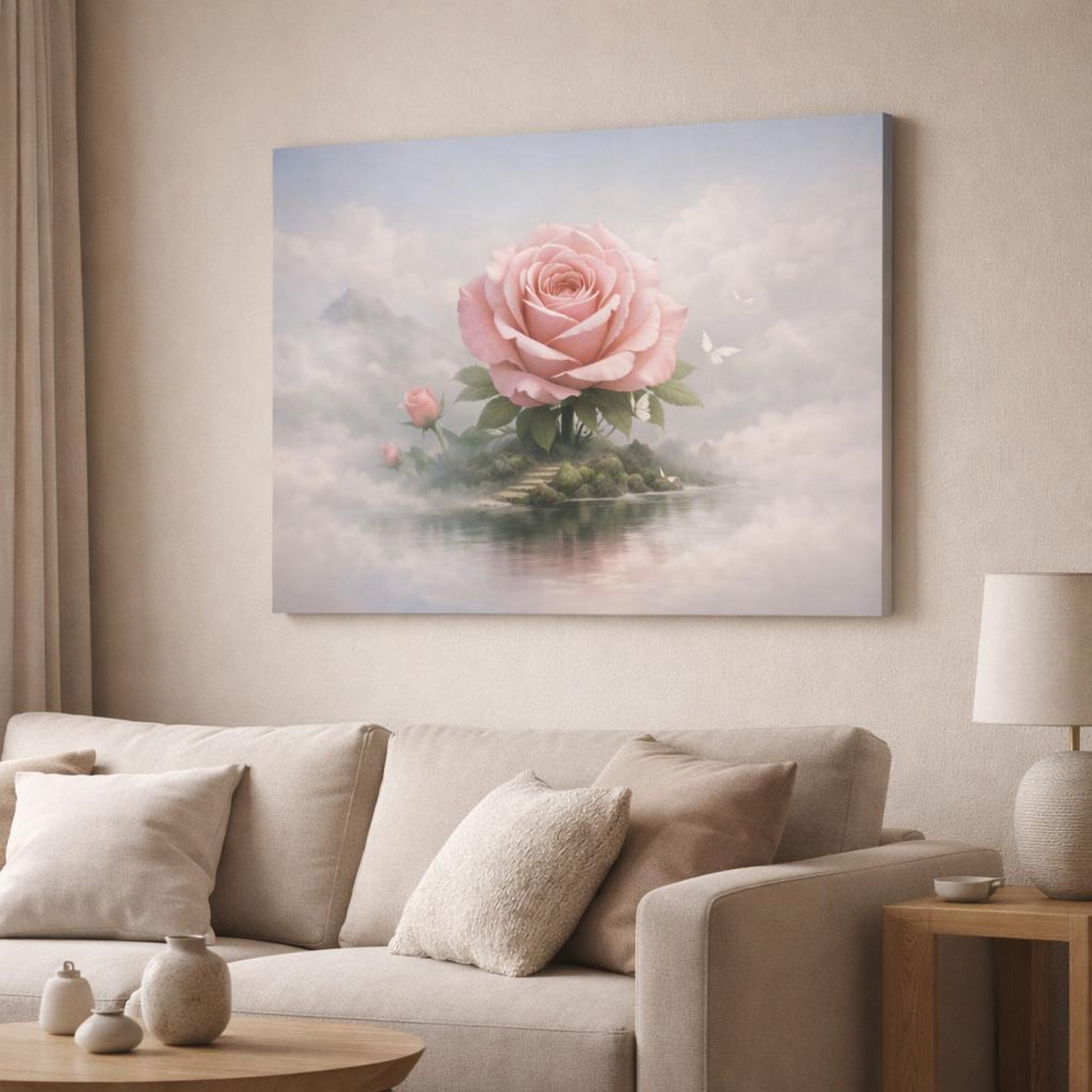 Mist Depth Flower Rose shown as canvas wall art in a modern living room