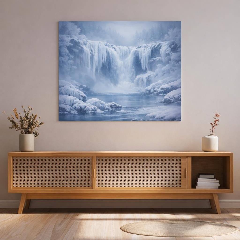 Mist Depth Frozen Waterfall Winter Nature - Canvas Wall Art Print - YesArtYes