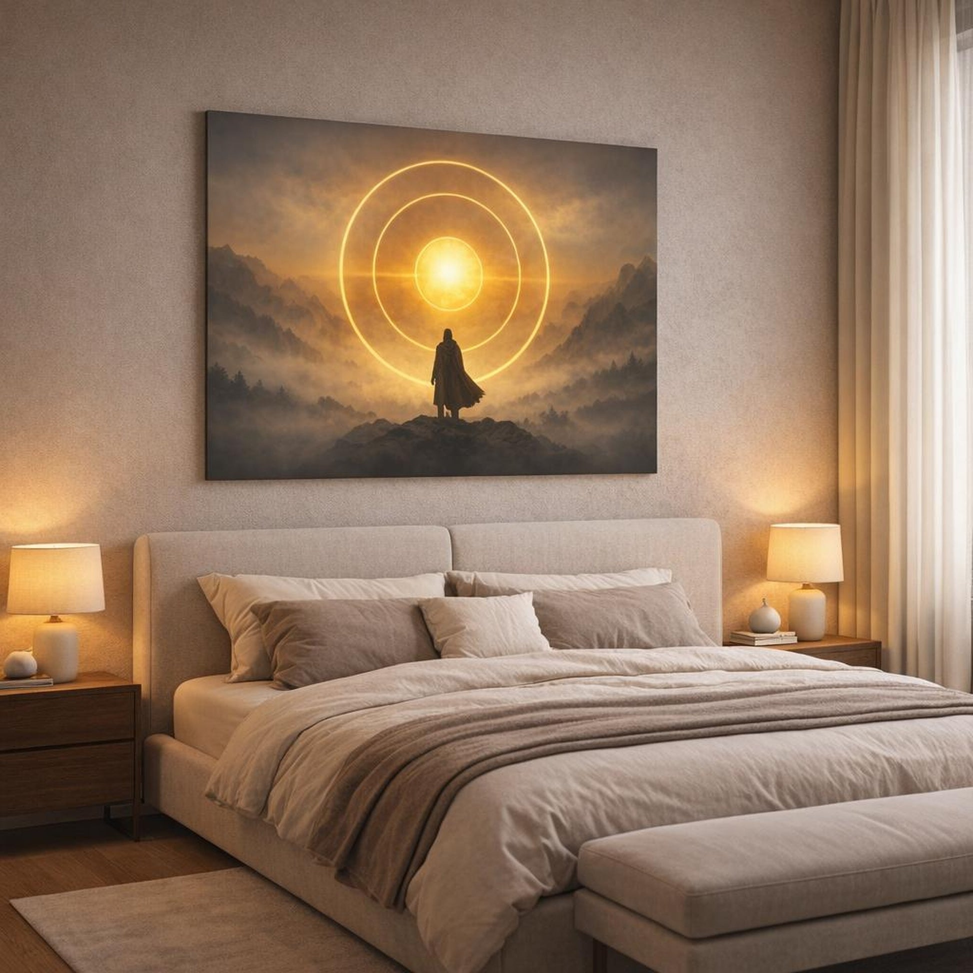 Mist Depth Golden Circles shown as canvas wall art in a luxury bedroom