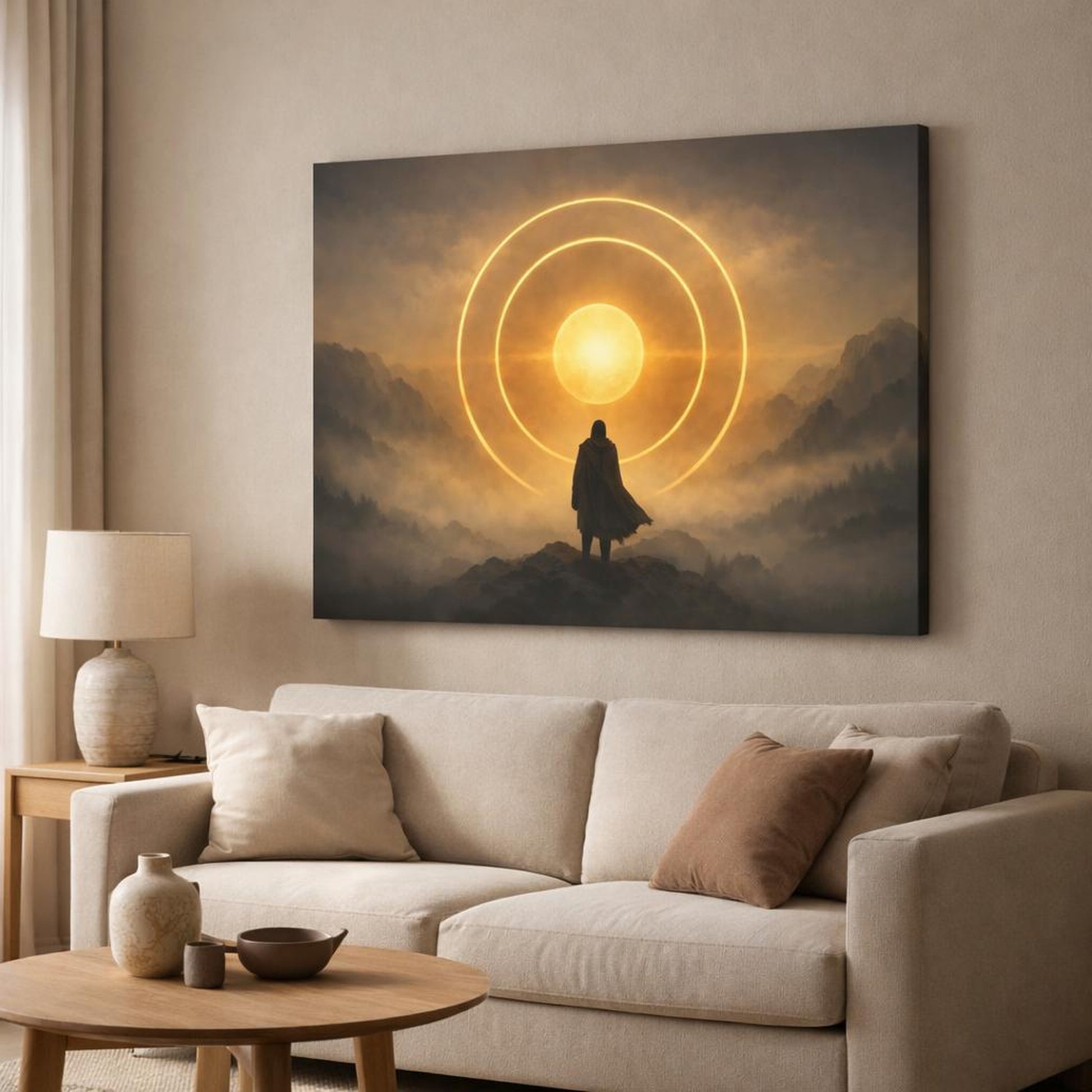 Mist Depth Golden Circles shown as canvas wall art in a modern living room
