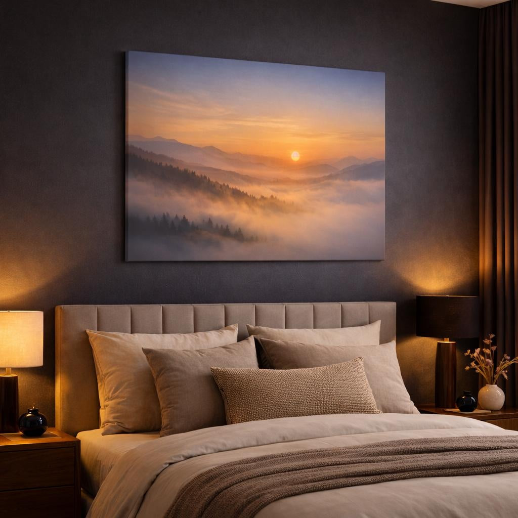 Mist Depth Golden Horizon shown as canvas wall art in a luxury bedroom