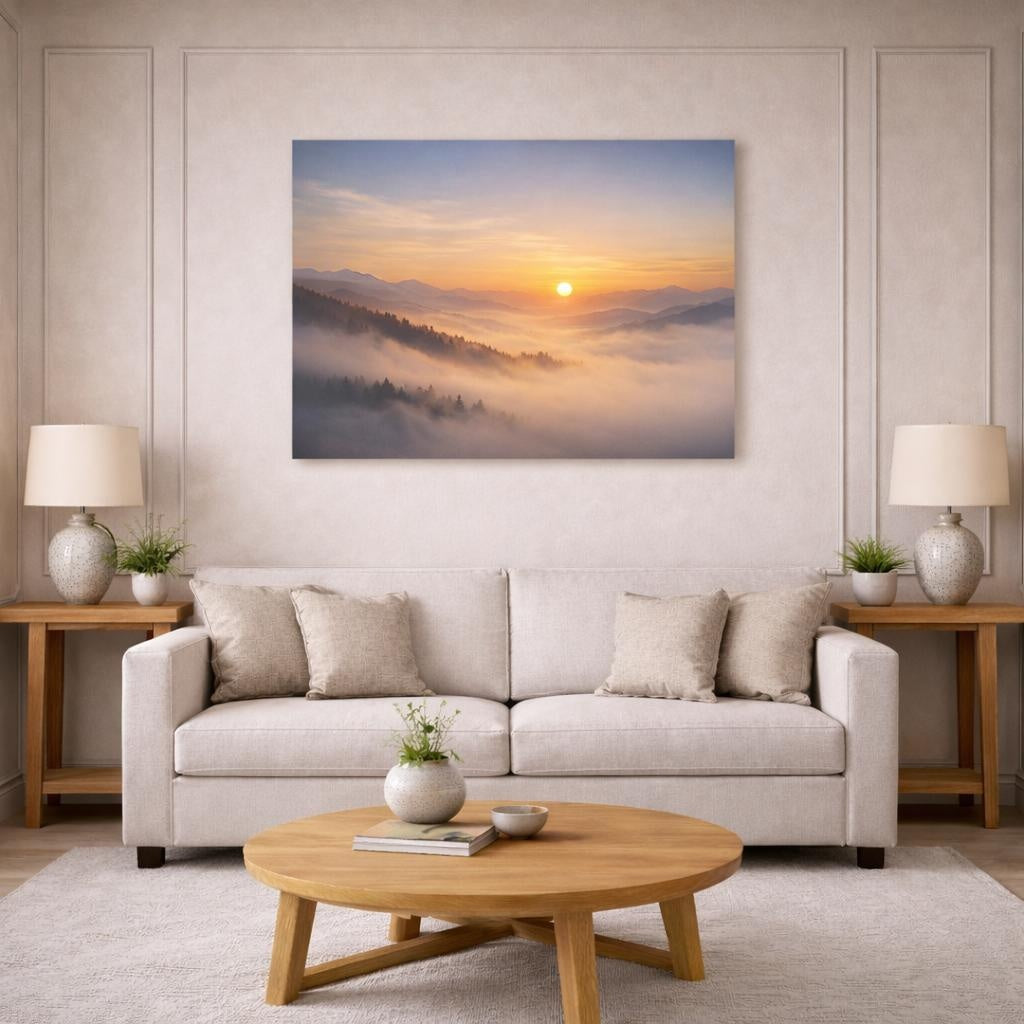 Mist Depth Golden Horizon shown as canvas wall art in a modern living room