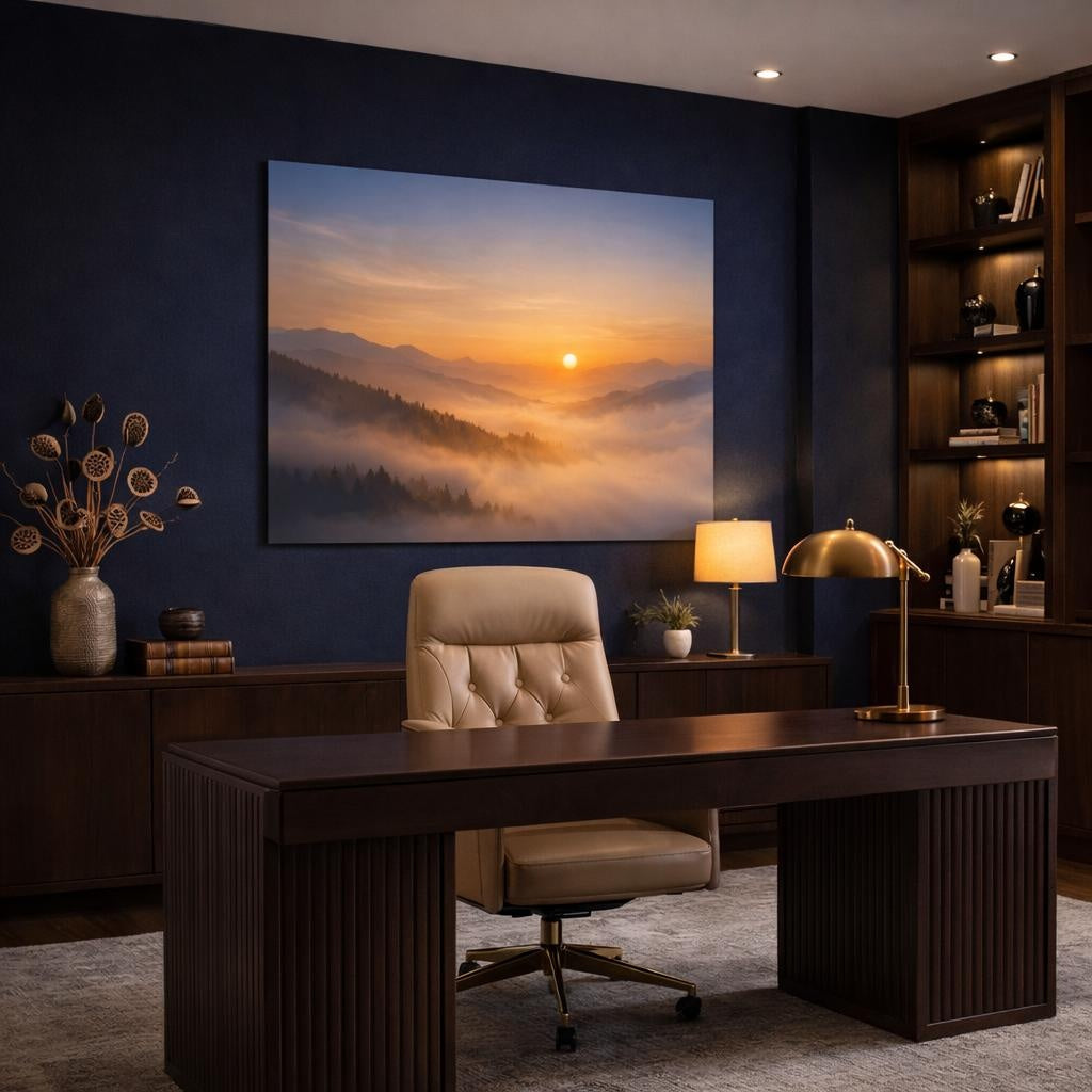 Mist Depth Golden Horizon shown as canvas wall art in a refined dining room