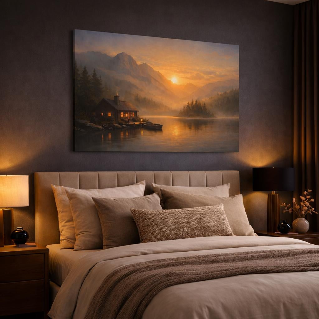 Mist Depth Golden Sunset shown as canvas wall art in a luxury bedroom