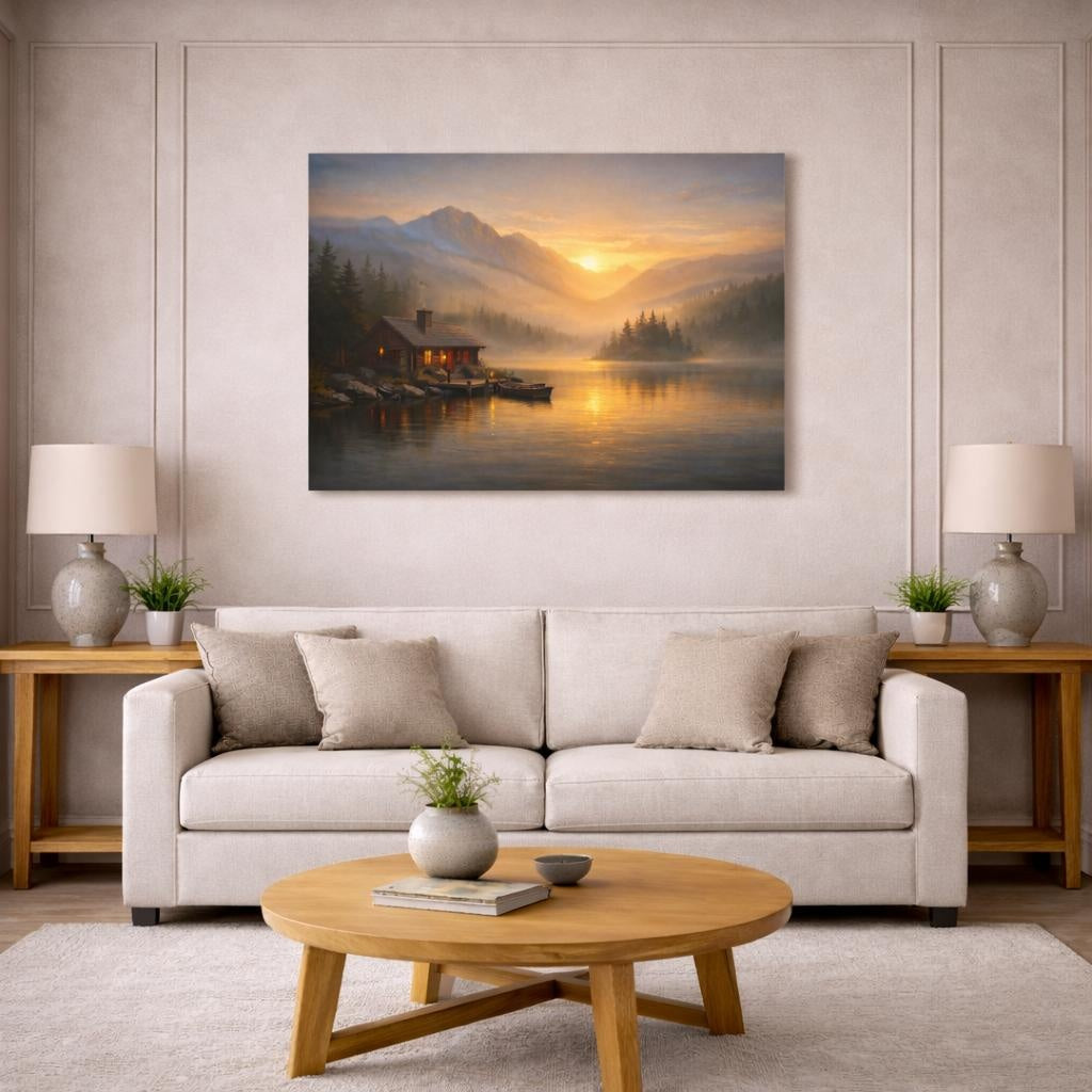 Mist Depth Golden Sunset shown as canvas wall art in a modern living room