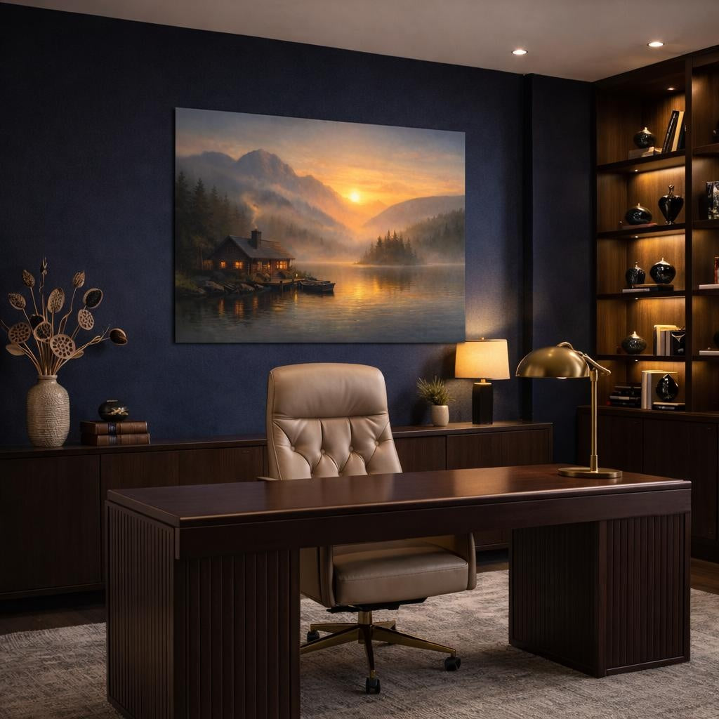 Mist Depth Golden Sunset shown as canvas wall art in a refined dining room