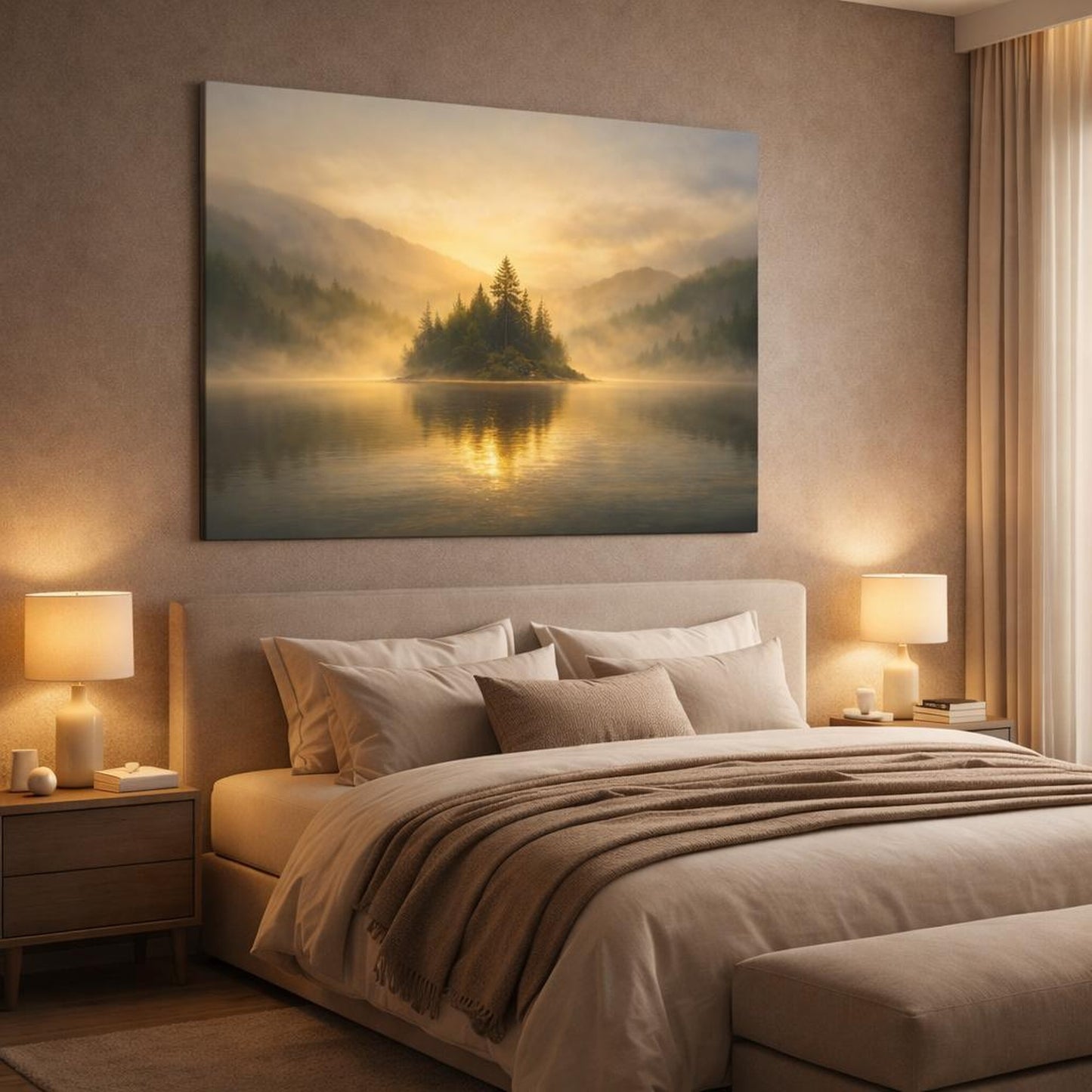 Mist Depth Golden Water shown as canvas wall art in a luxury bedroom