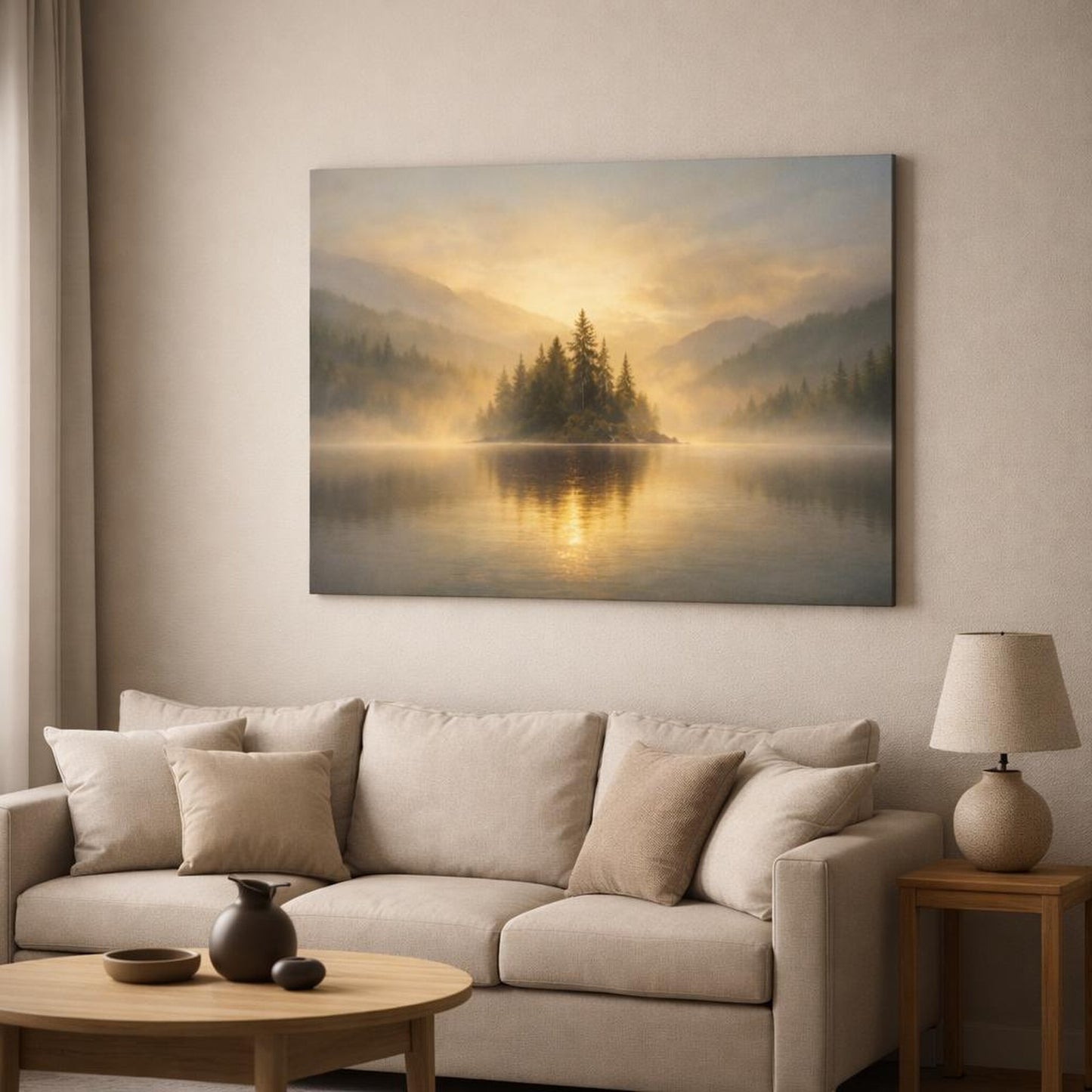 Mist Depth Golden Water shown as canvas wall art in a modern living room