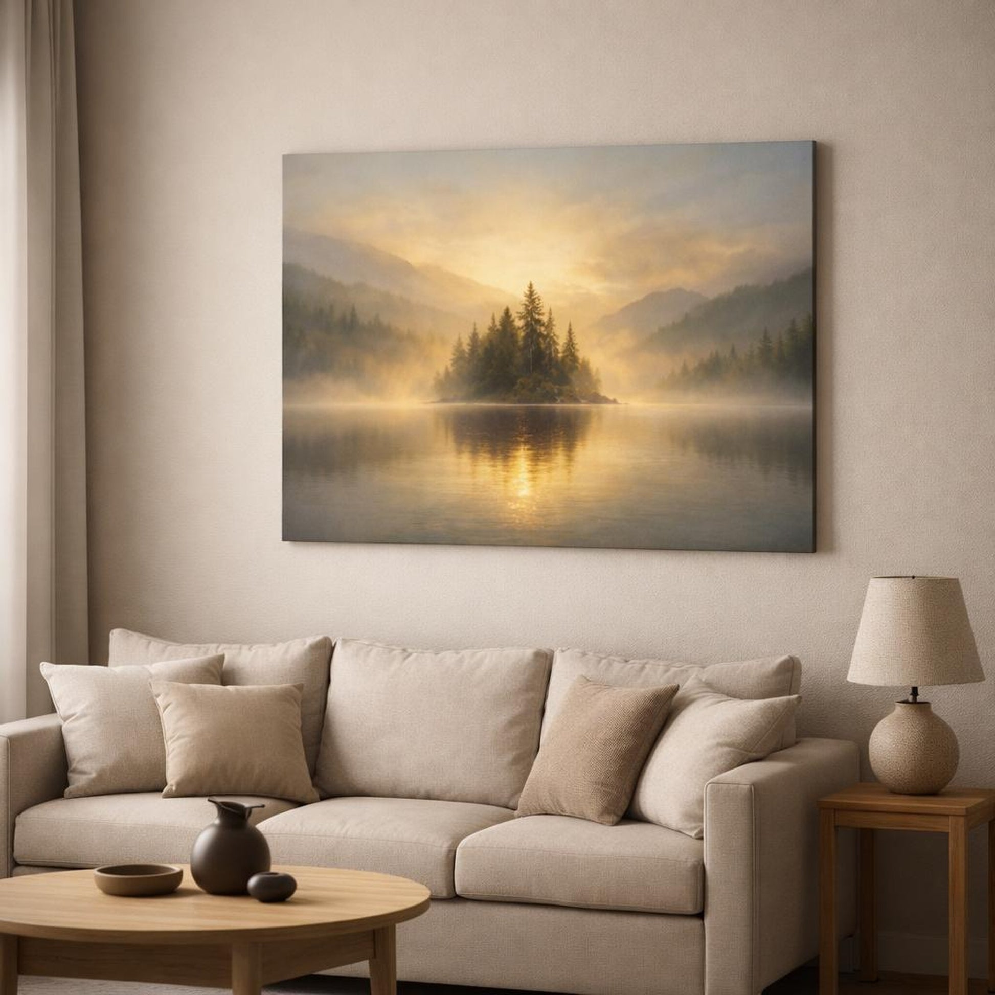 Mist Depth Golden Water shown as canvas wall art in a modern living room