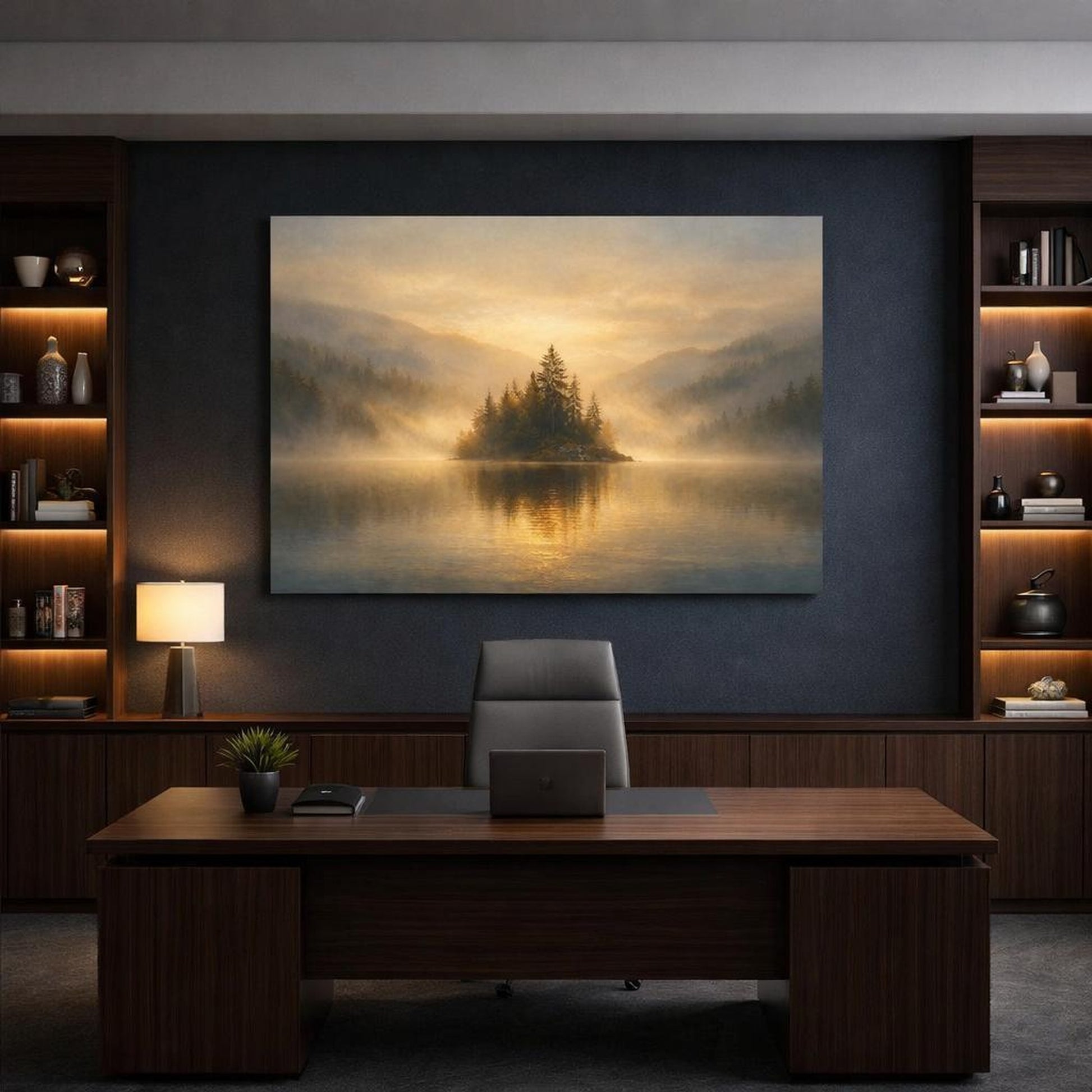 Mist Depth Golden Water shown as canvas wall art in a refined dining room