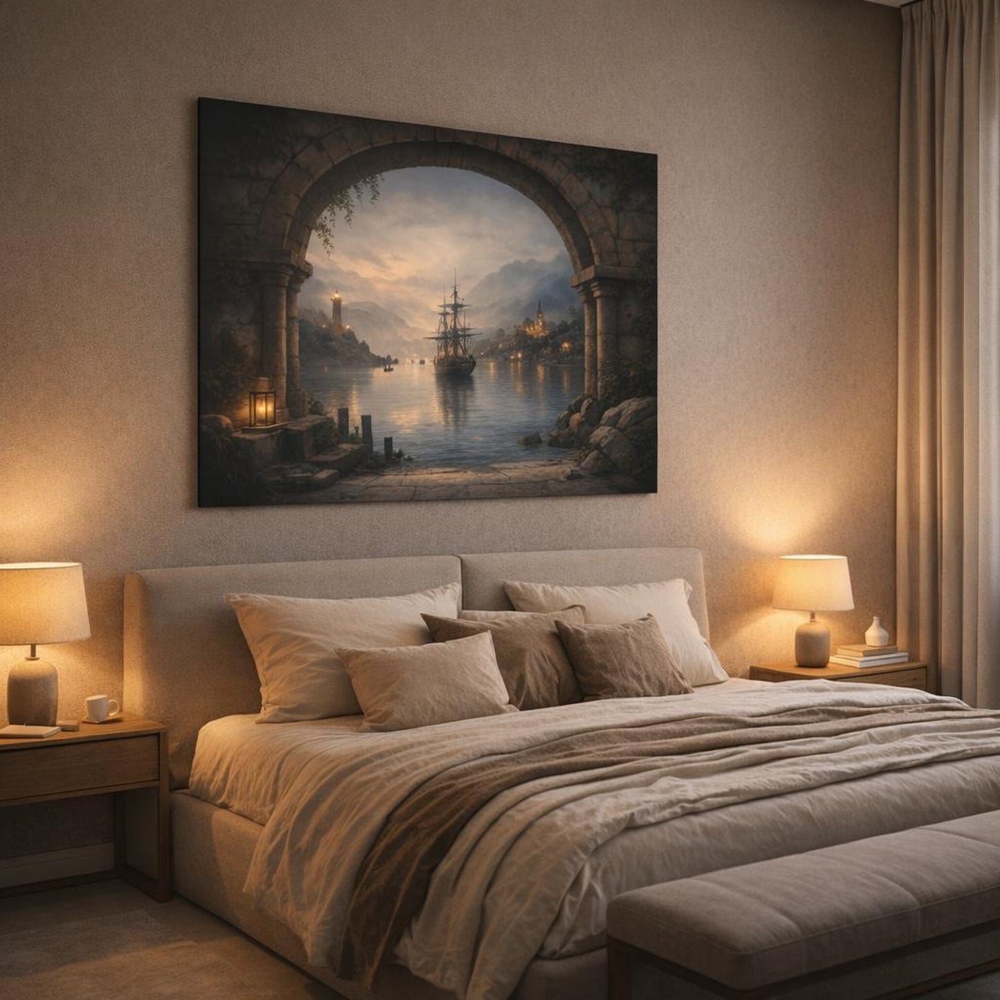 Mist Depth Harbor Archway View shown as canvas wall art in a luxury bedroom