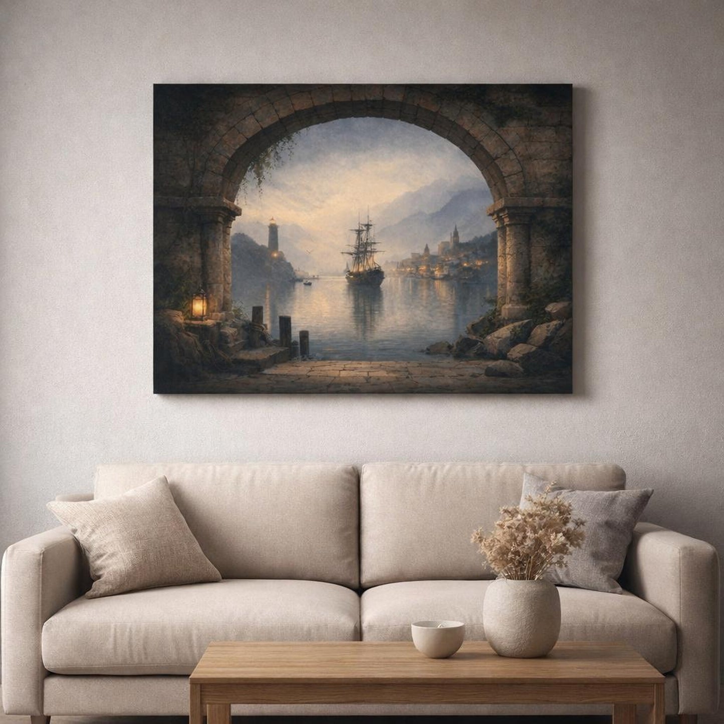 Mist Depth Harbor Archway View shown as canvas wall art in a refined dining room