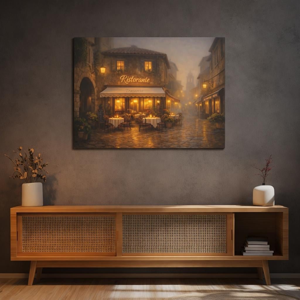 Mist Depth Italian Bistro Street Scene Vintage - Canvas Wall Art Print - YesArtYes