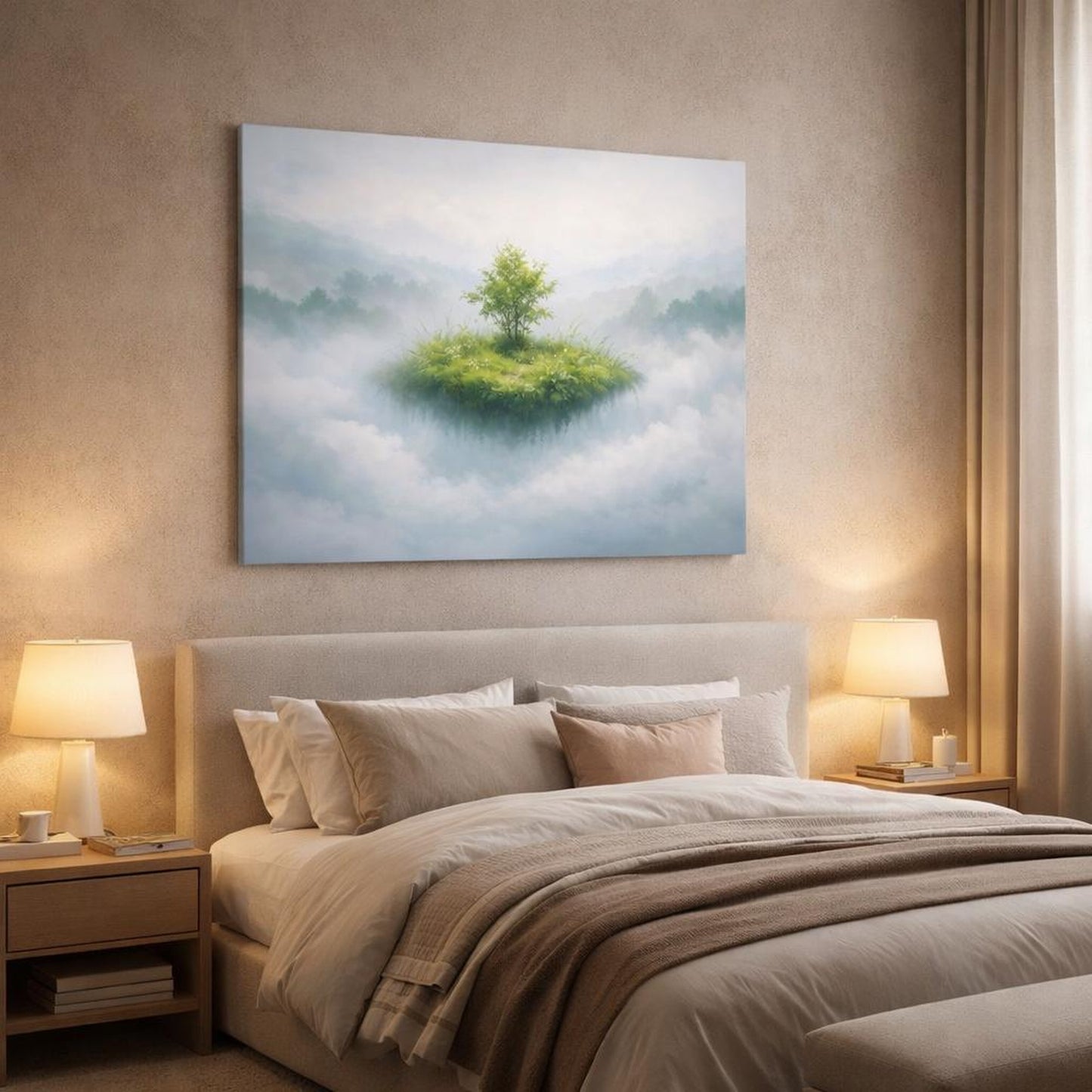 Mist Depth Leaves Green shown as canvas wall art in a luxury bedroom